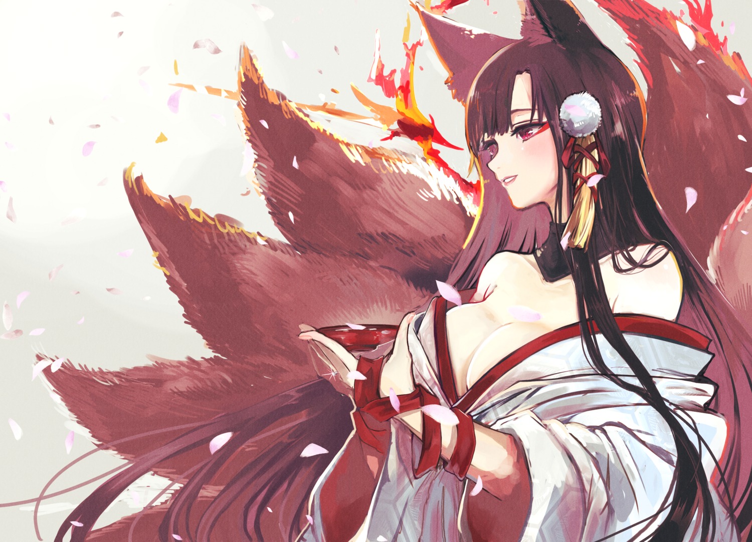 akagi_(azur_lane) animal_ears azur_lane japanese_clothes kitsune no_bra open_shirt seiniku tail