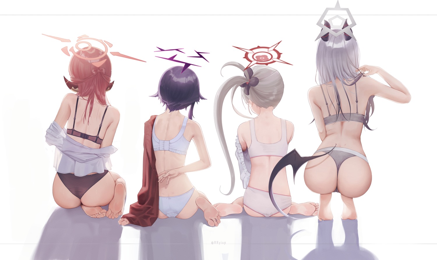 asagi_mutsuki ass blue_archive bra devil dress_shirt feet halo horns igusa_haruka loli onikata_kayoko pantsu rikuhachima_aru rryiup see_through sweater tail thong undressing wings