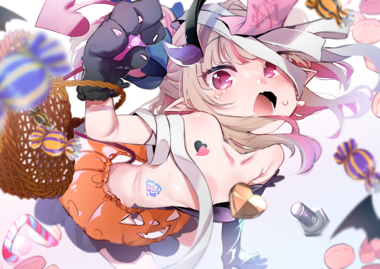 bandages halloween horns kio_(yumekuikio) loli makaino_ririmu nijisanji nijisanji_gamers no_bra pointy_ears tail tattoo wardrobe_malfunction