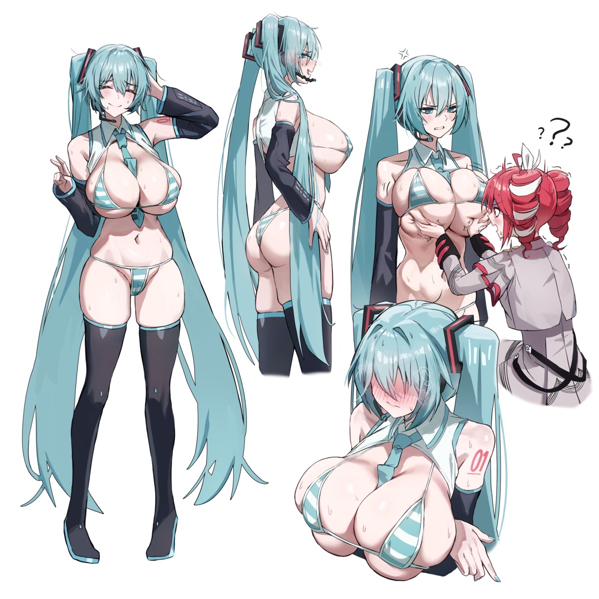 ass bikini bikini_top breast_hold cameltoe dotthebot hatsune_miku headphones kasane_teto swimsuits tattoo thighhighs thong utau vocaloid