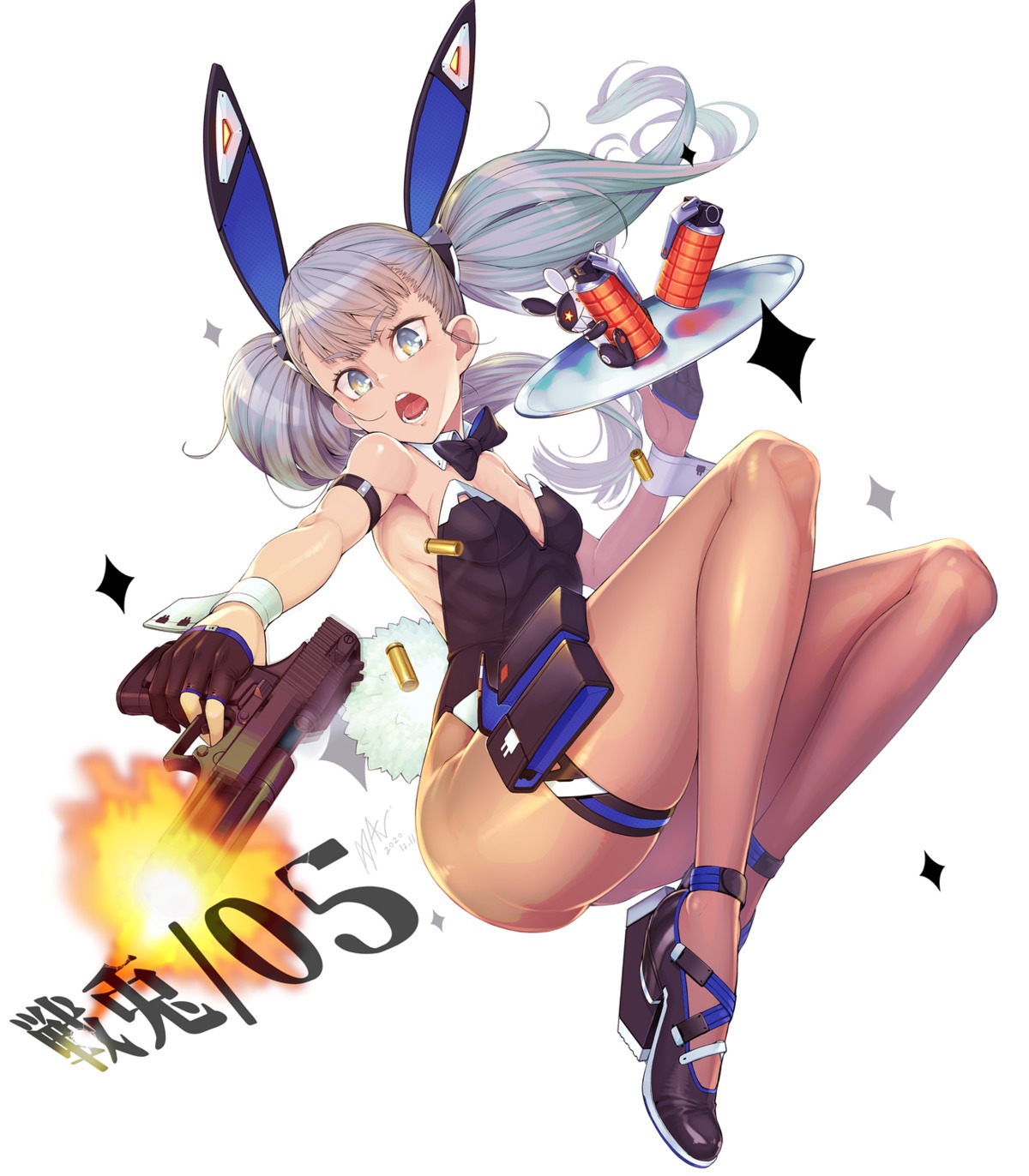 animal_ears ayaki bunny_ears bunny_girl garter gun heels no_bra pantyhose weapon