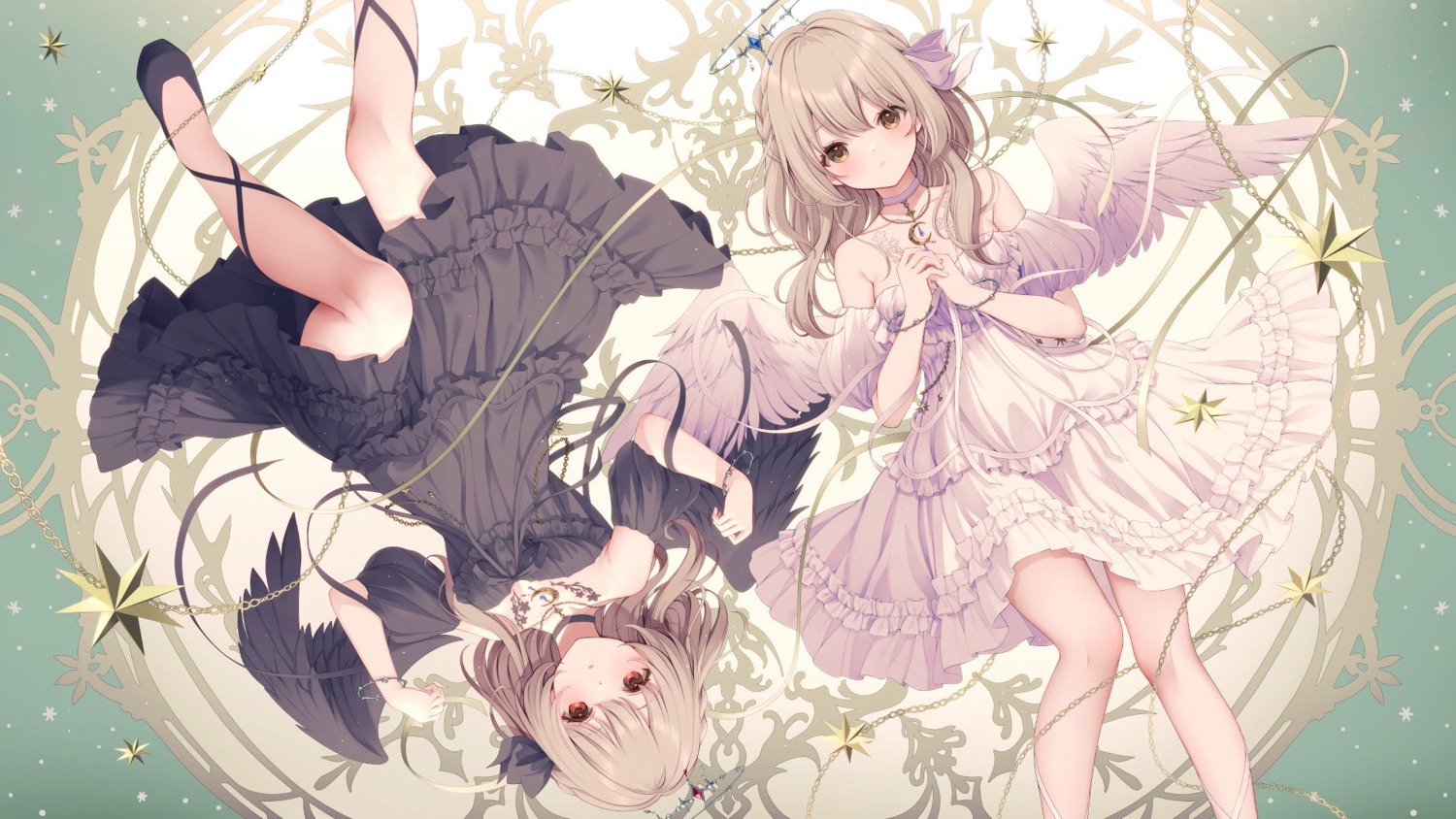 angel dress indie_virtual_youtuber jpeg_artifacts no_bra sakuraba_oto skirt_lift tattoo wallpaper wings yoshino_ryou