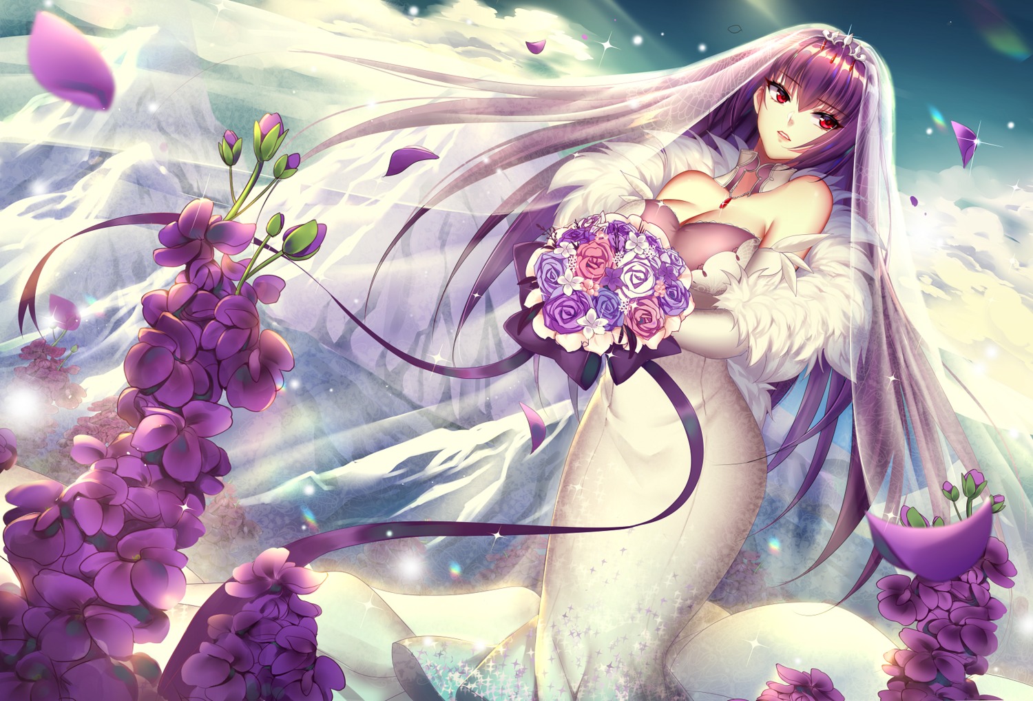 cleavage dress fate/grand_order mallizmora scathach_(fate/grand_order) wedding_dress