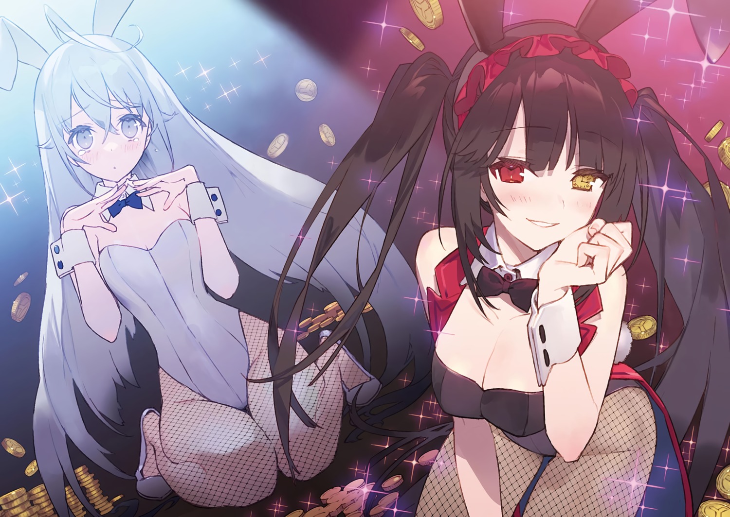 animal_ears bunny_ears bunny_girl cleavage date_a_live date_a_live_fragment_date_a_bullet fishnets heterochromia higoromo_hibiki noco pantyhose tail tokisaki_kurumi