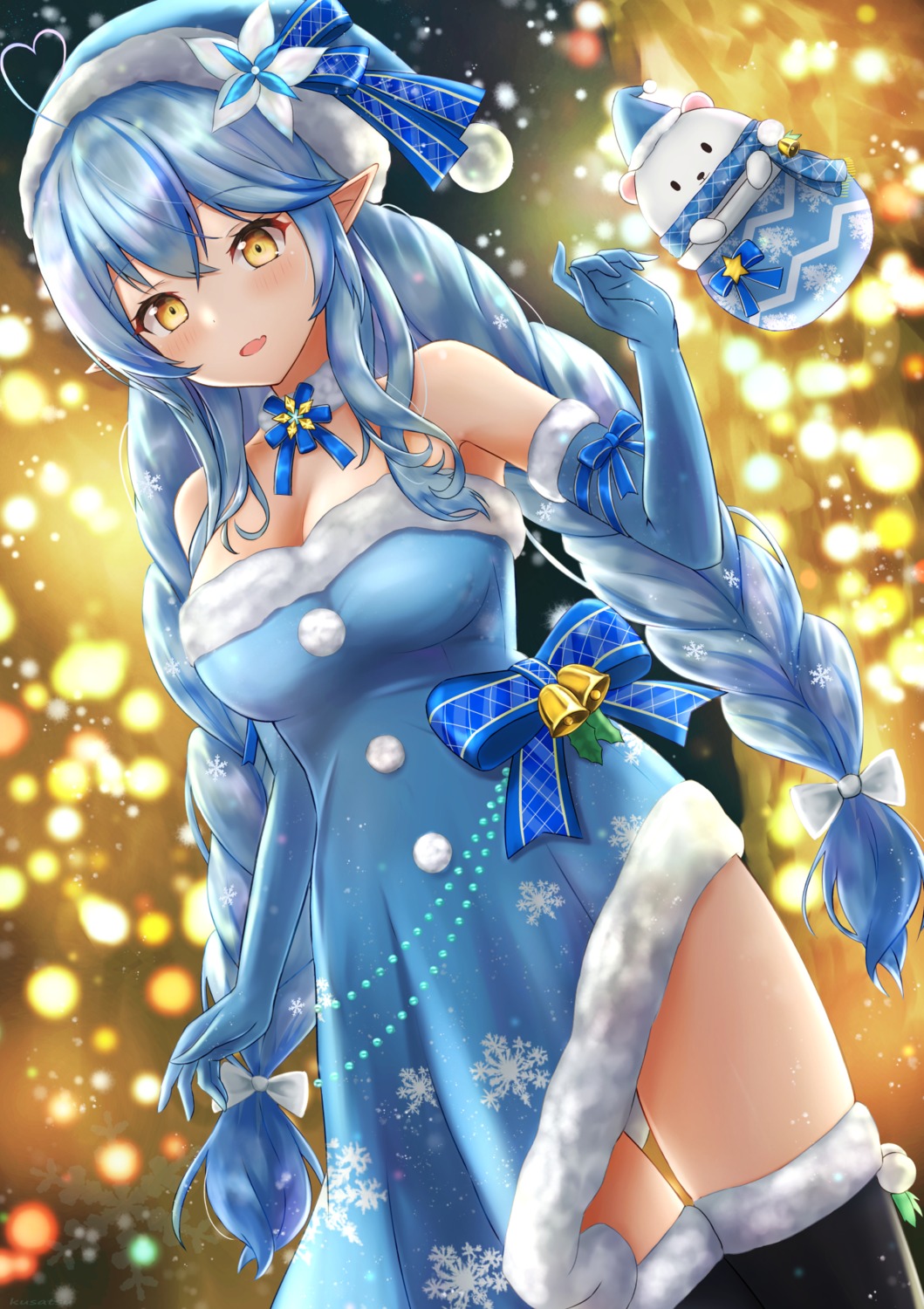 amano_kusatsu christmas cleavage dress elf hololive no_bra pointy_ears thighhighs yukihana_lamy