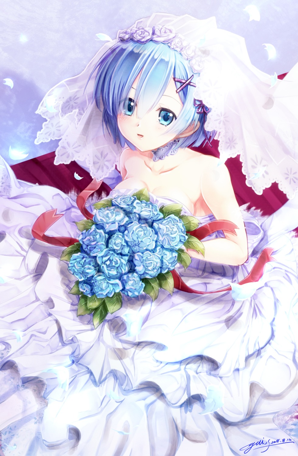 cleavage dress re_zero_kara_hajimeru_isekai_seikatsu rem_(re_zero) wedding_dress yuitsuki1206