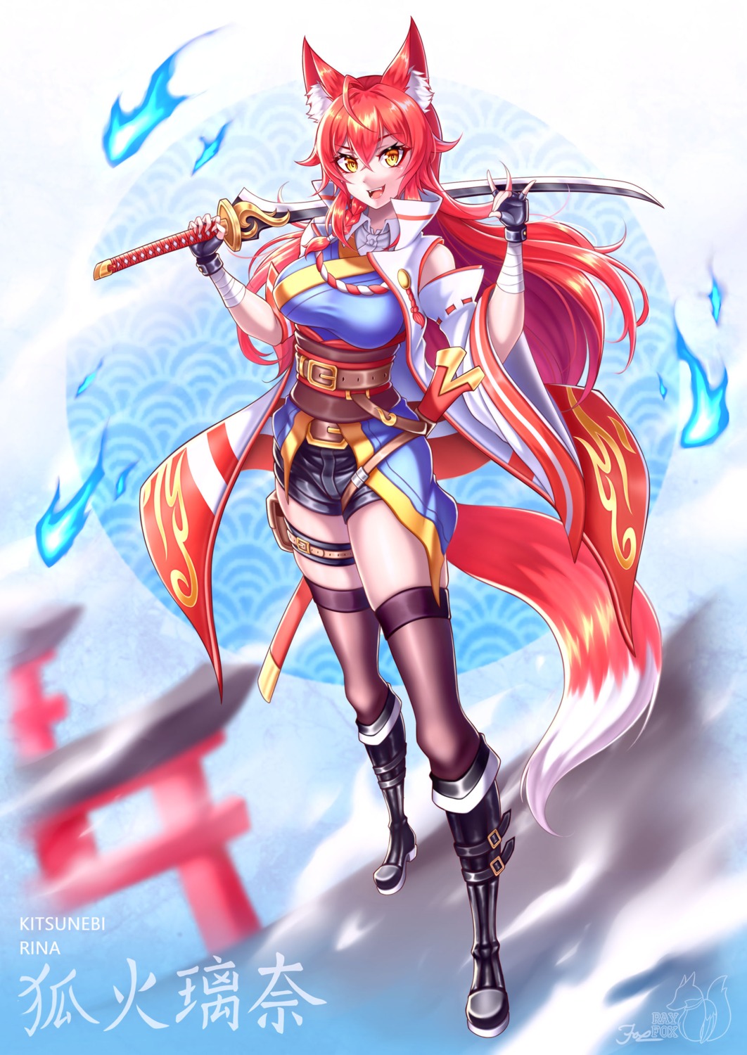 animal_ears bandages garter japanese_clothes kitsune ray_fox sword tail thighhighs