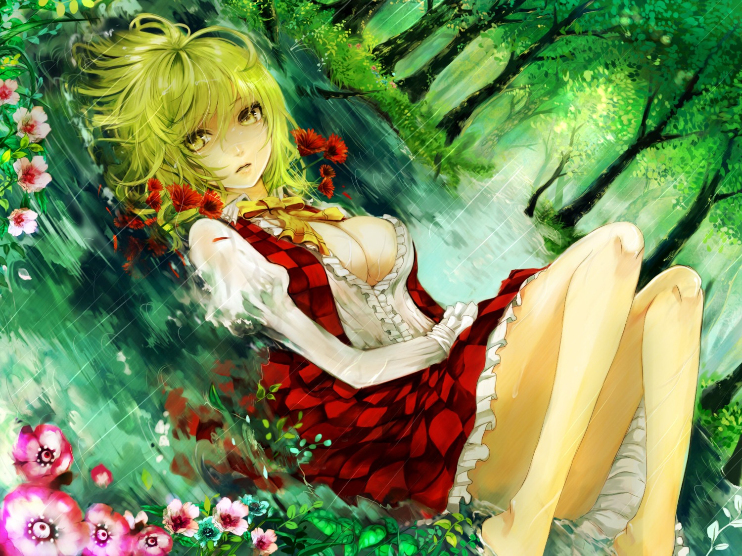 apt cleavage kazami_yuuka open_shirt touhou wet wet_clothes