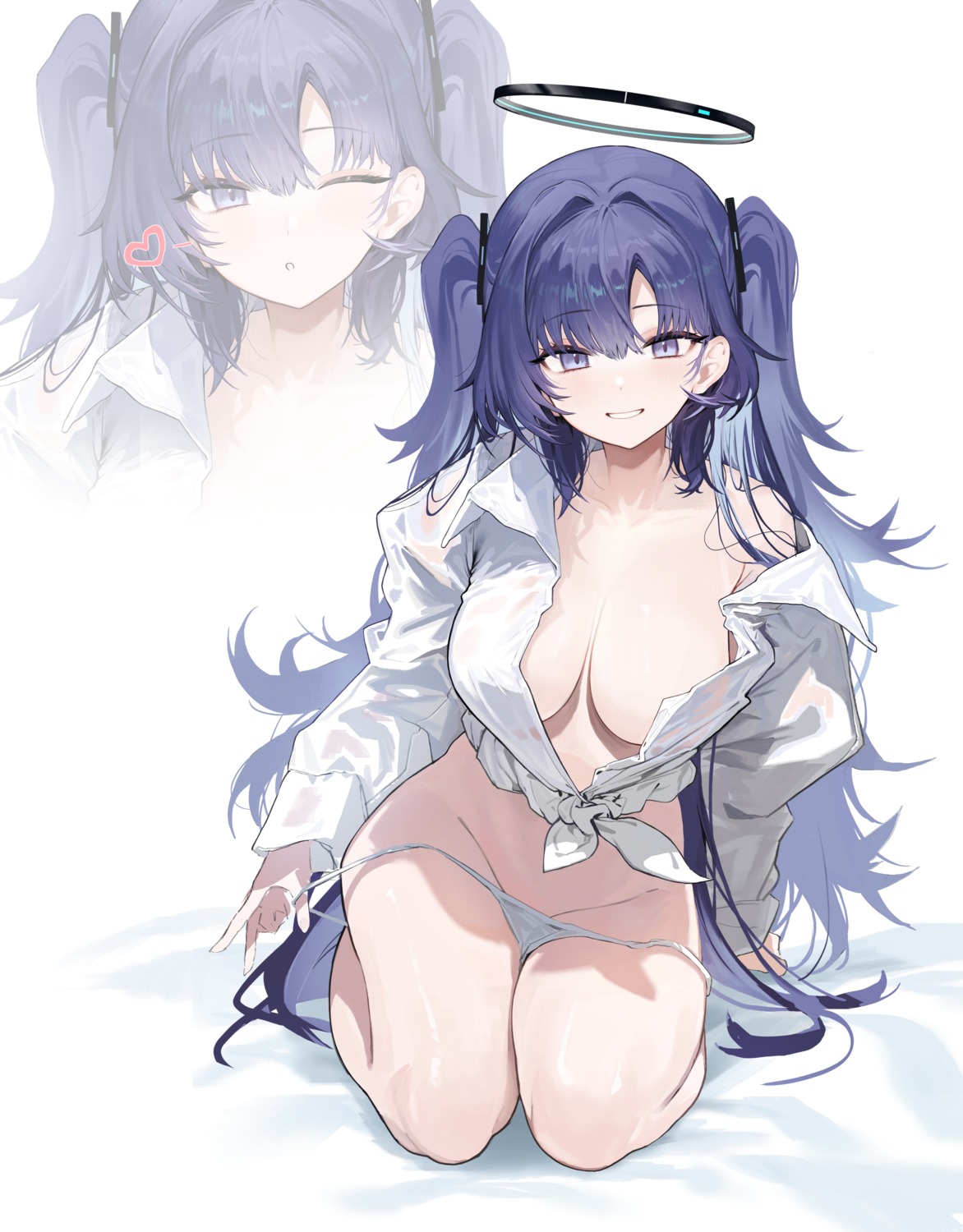 blue_archive dress_shirt halo hayase_yuuka movik no_bra open_shirt pantsu panty_pull undressing