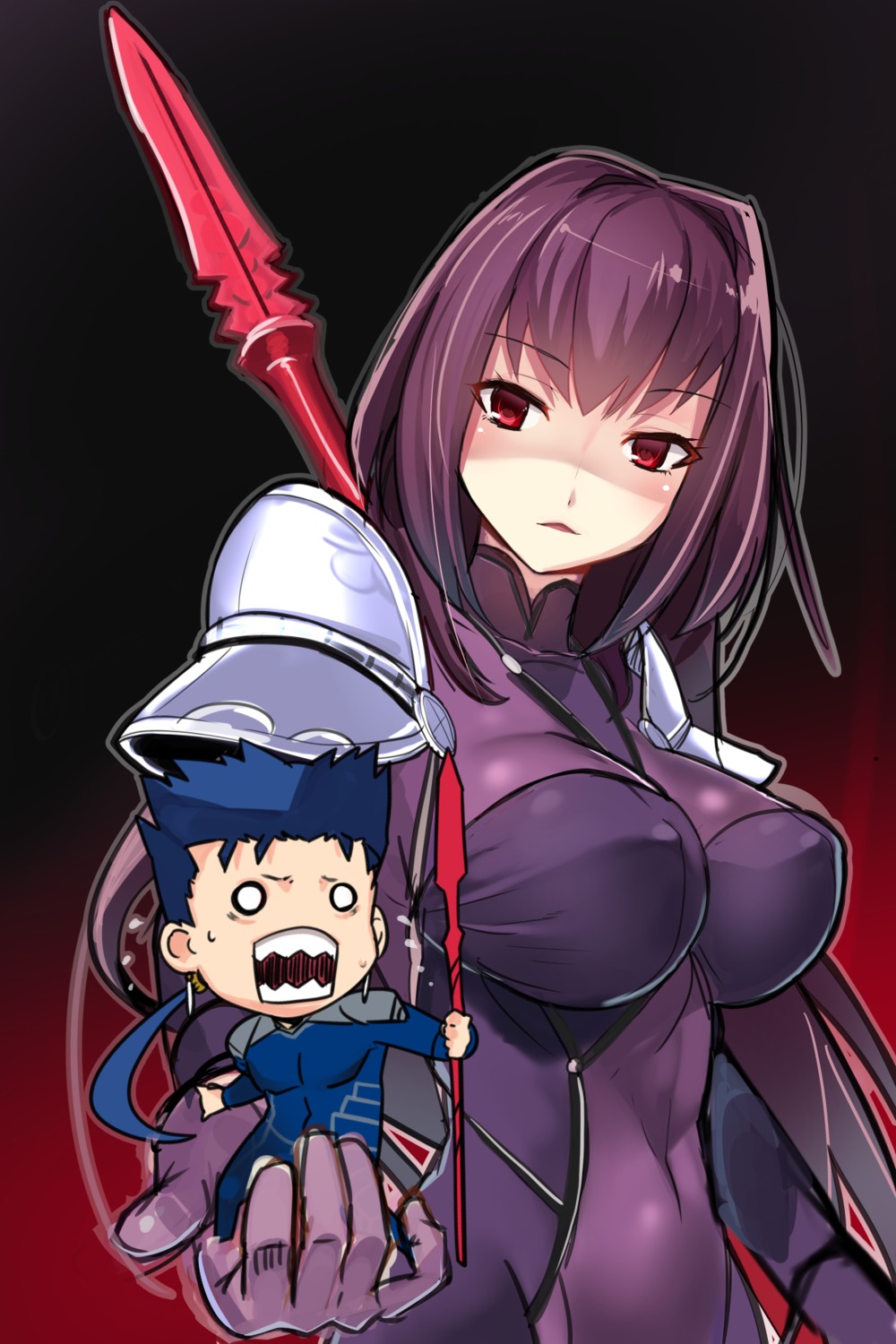 bodysuit chibi erect_nipples fate/grand_order fate/stay_night lancer scathach_(fate/grand_order) weapon yamacchi