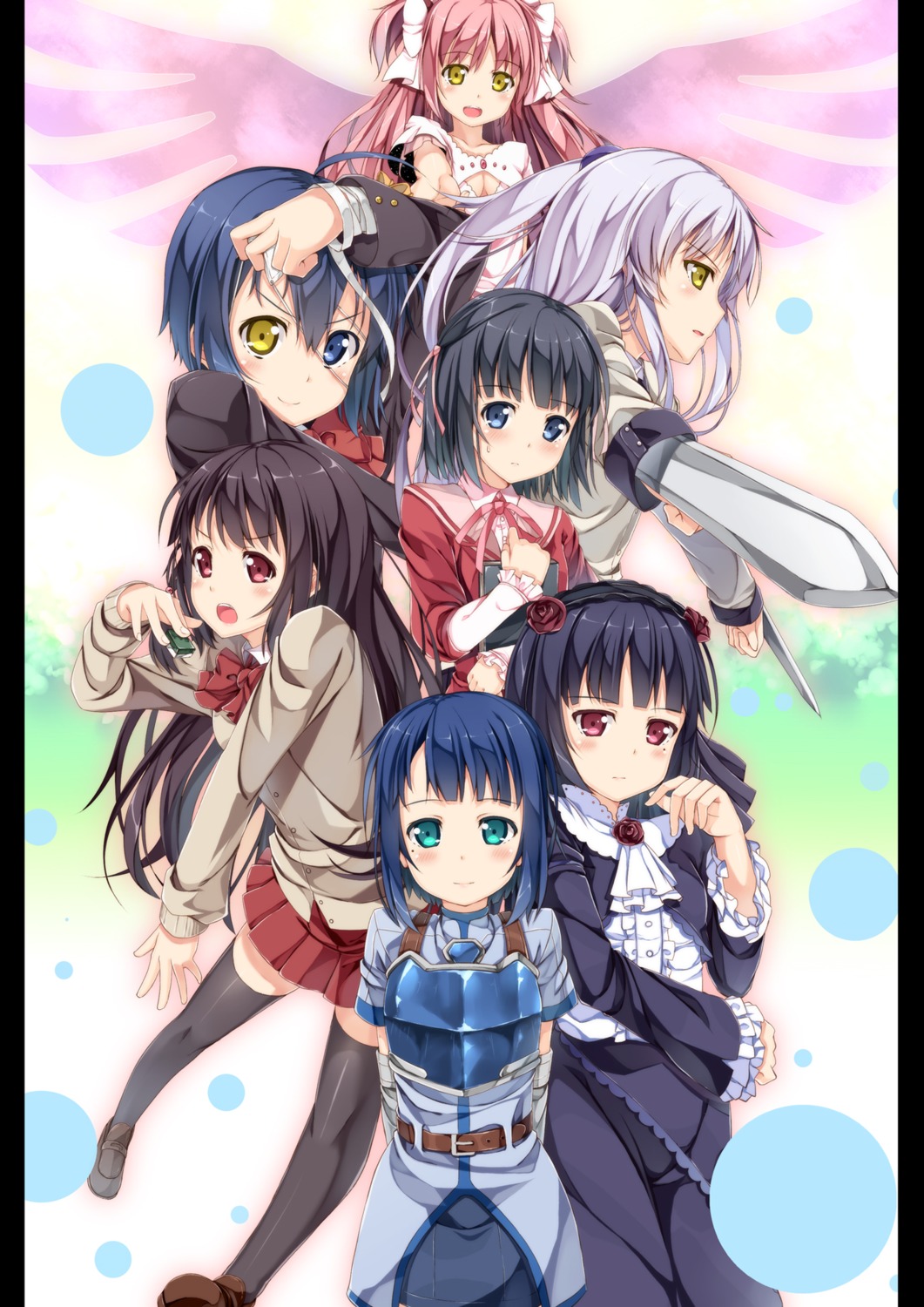 angel_beats! chuunibyou_demo_koi_ga_shitai! crossover gokou_ruri heterochromia kami_nomi_zo_shiru_sekai kaname_madoka matsumi_kuro ore_no_imouto_ga_konnani_kawaii_wake_ga_nai puella_magi_madoka_magica sachi_(sword_art_online) saki seifuku shiomiya_shiori sword_art_online tachibana_kanade takanashi_rikka thighhighs yuuri_(asterisk)