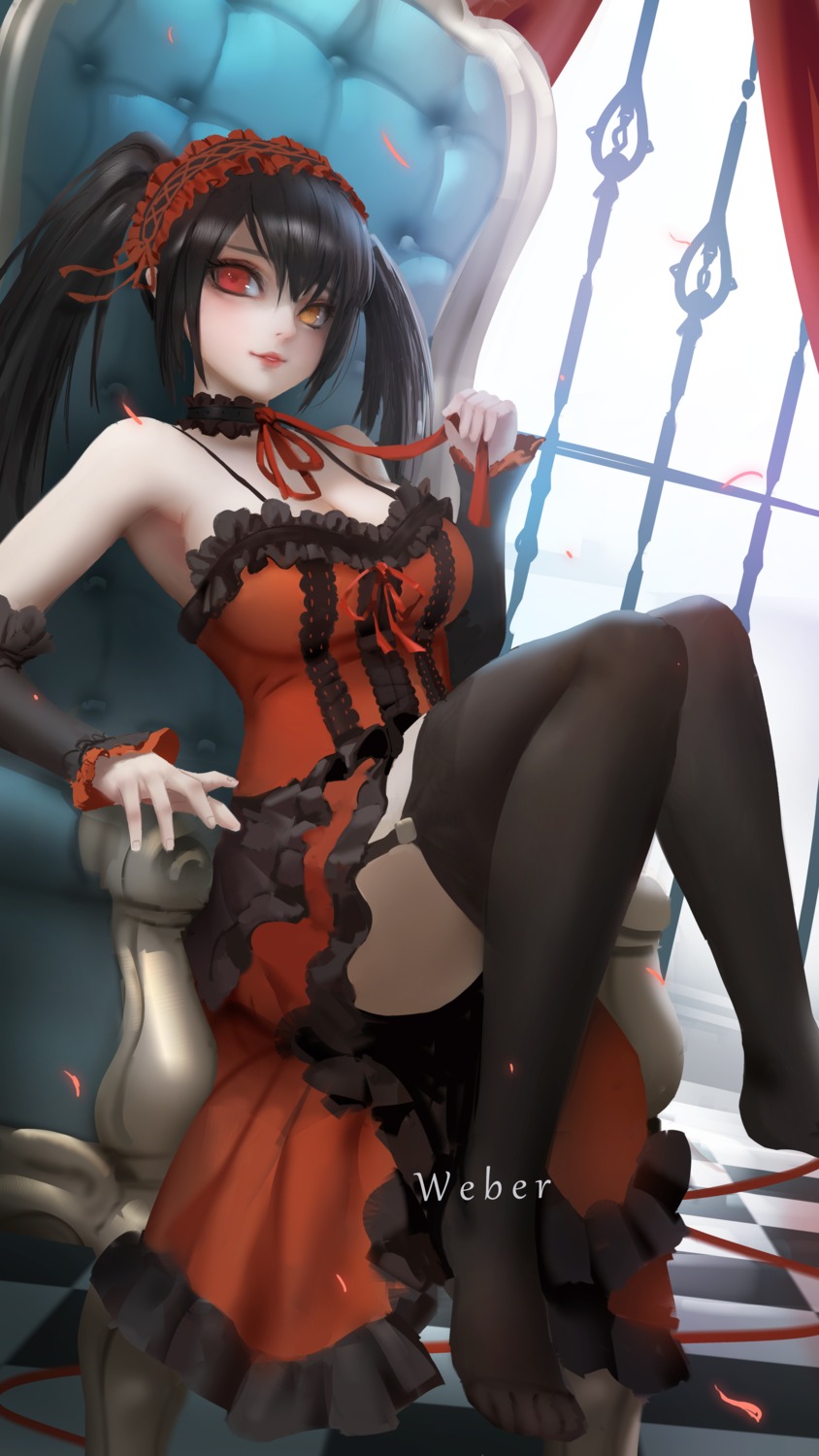 cleavage date_a_live dress feet gothic_lolita heterochromia lolita_fashion skirt_lift stockings thighhighs tokisaki_kurumi weber