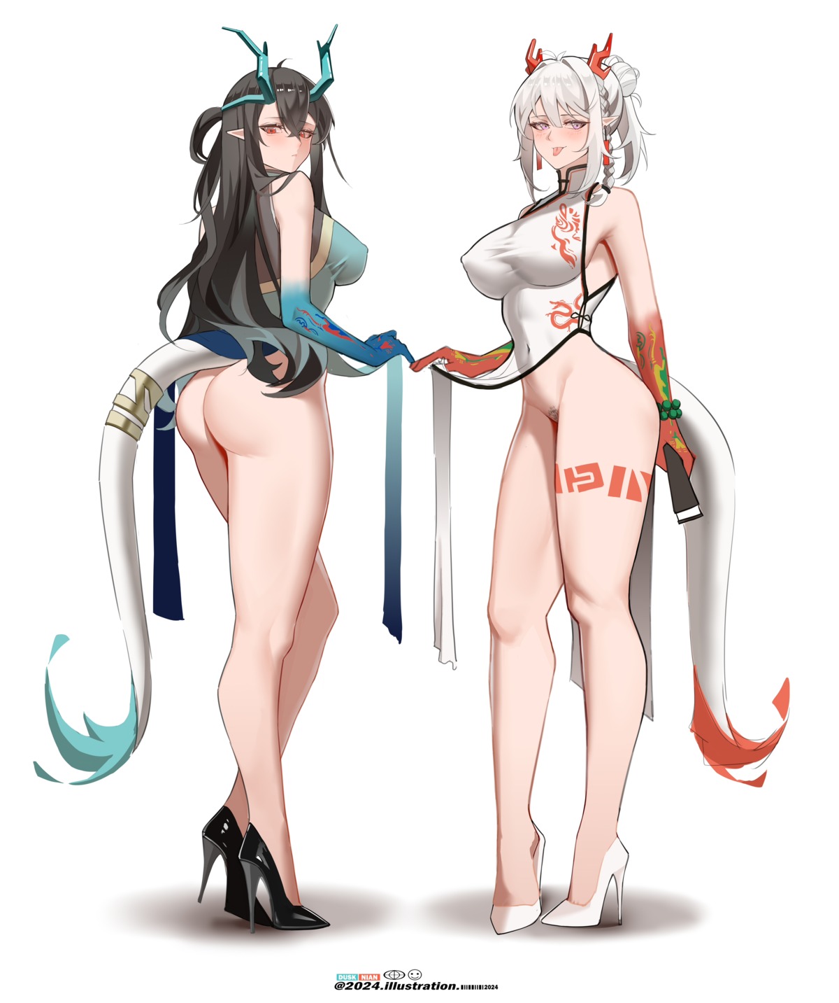 arknights ass chinadress dusk_(arknights) erect_nipples heels horns nian_(arknights) no_bra nopan pointy_ears pubic_hair see_through skirt_lift tail tattoo yat_(tsmn7245)