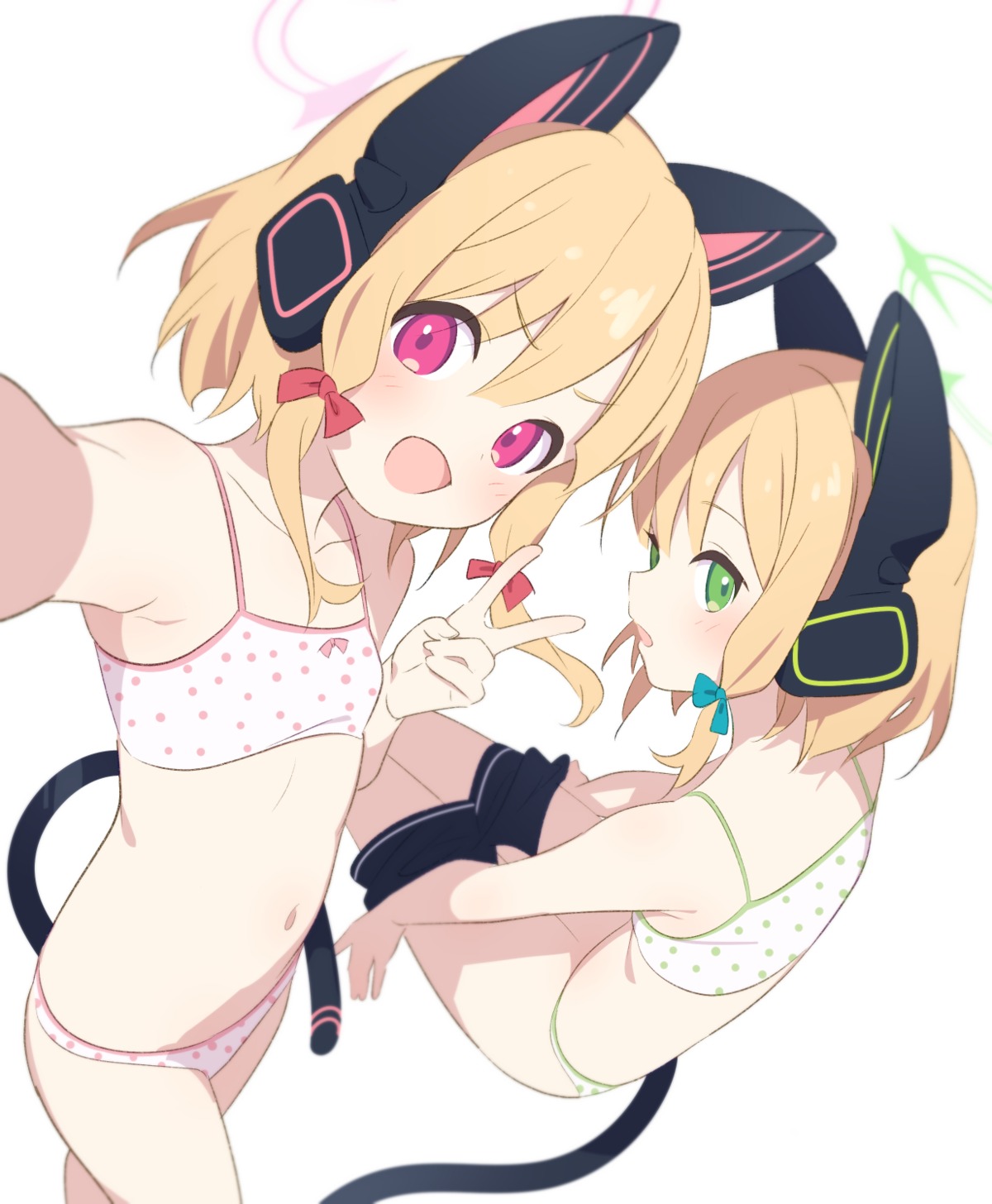 animal_ears blue_archive bra halo headphones loli nekomimi pantsu saiba_midori saiba_momoi selfie supershiruco tail