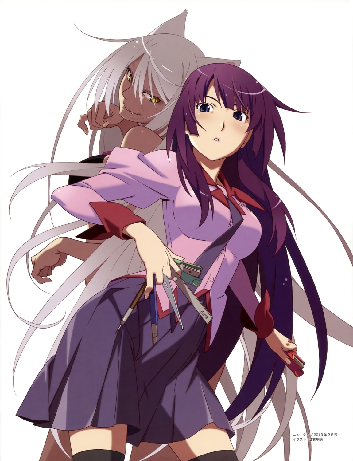 animal_ears bakemonogatari black_hanekawa hanekawa_tsubasa monogatari_(series) nekomimi seifuku senjougahara_hitagi thighhighs watanabe_akio