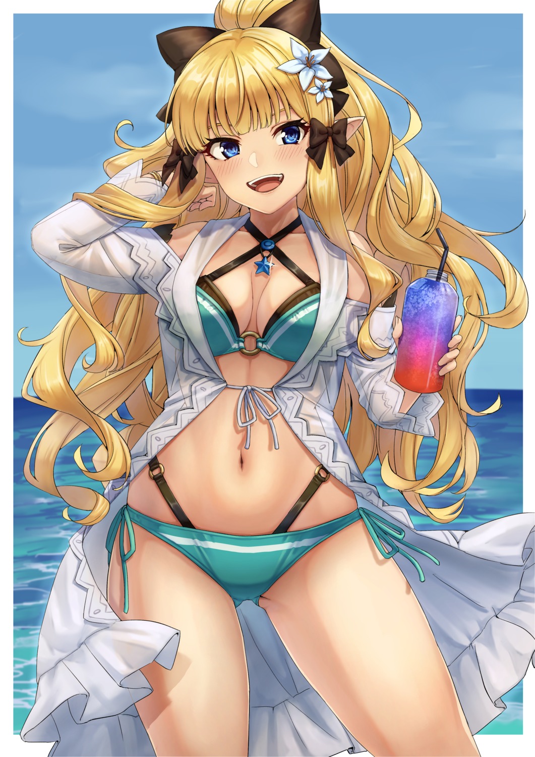 bikini cleavage kent0320 open_shirt pointy_ears princess_connect princess_connect!_re:dive sasaki_saren swimsuits