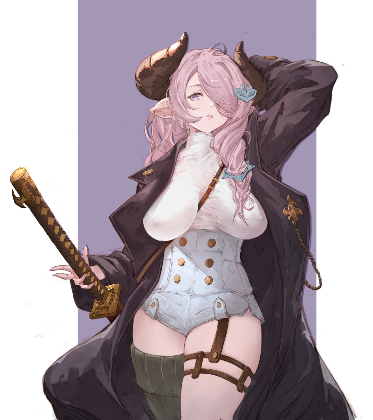 erect_nipples garter granblue_fantasy horns narumeia_(granblue_fantasy) pointy_ears sword thighhighs yu_pian