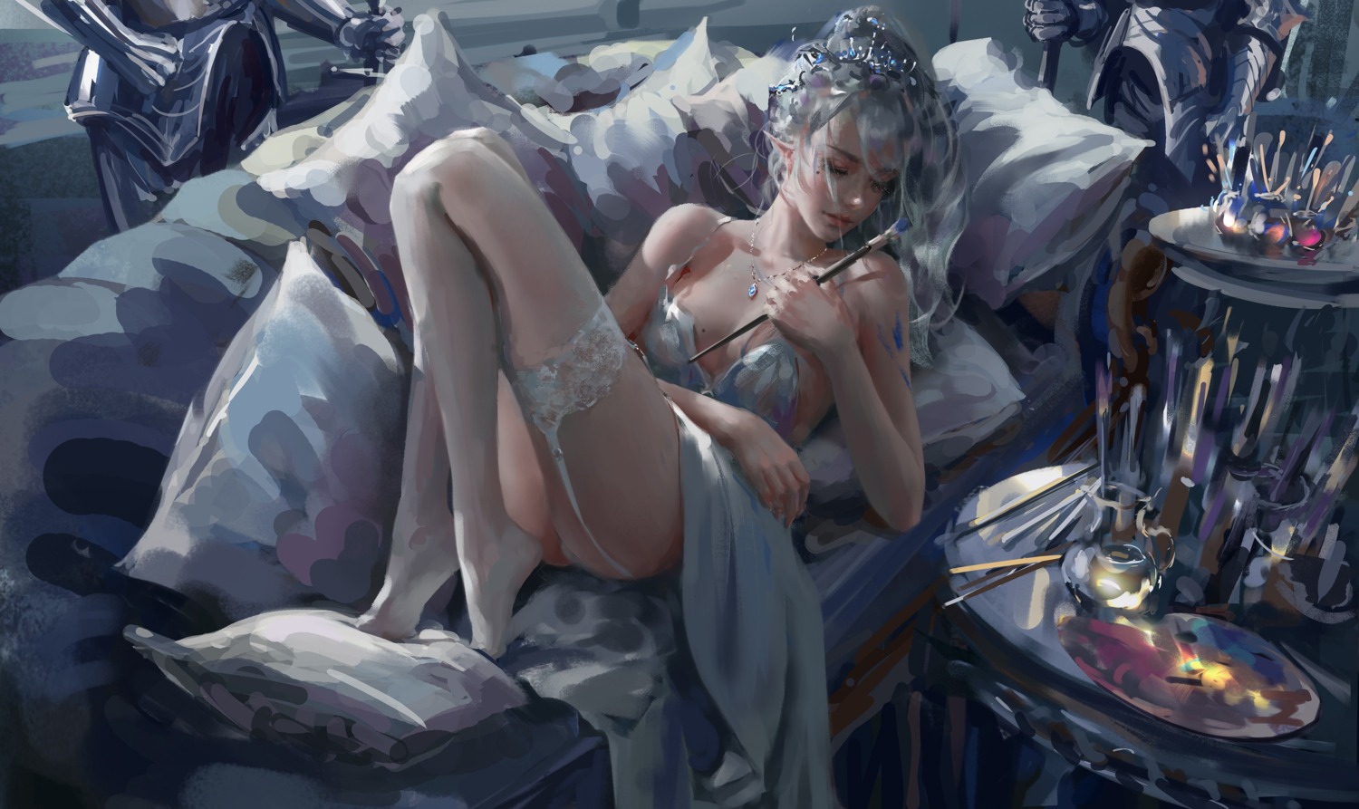 dress ghostblade no_bra pantsu pointy_ears skirt_lift stockings thighhighs thong wlop yan_haiqin