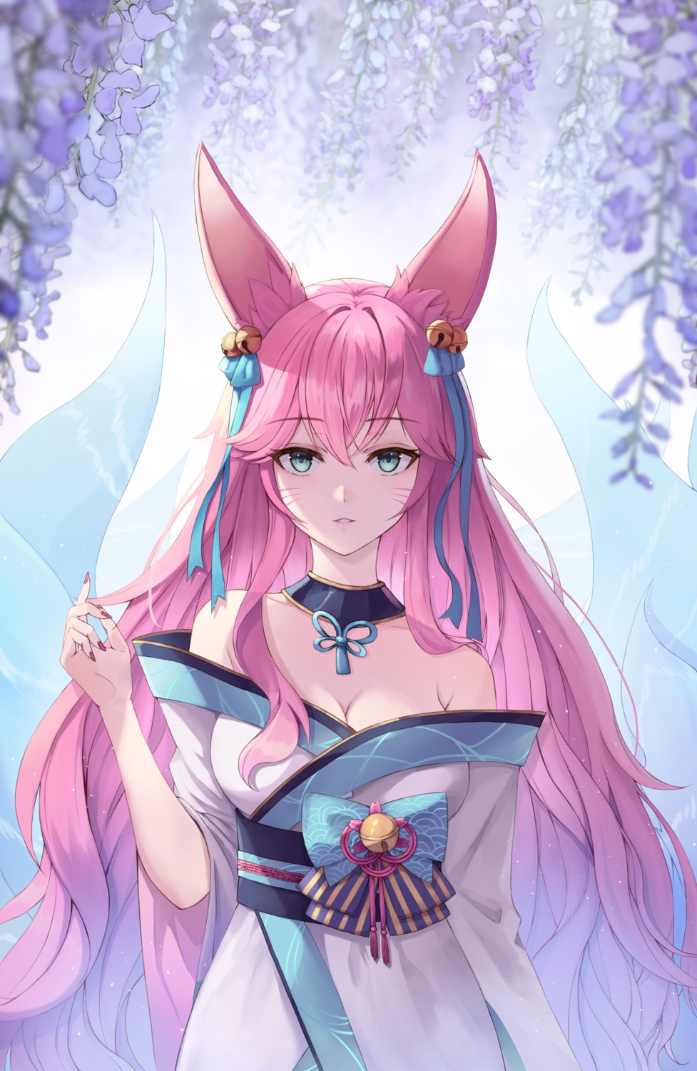 ahri animal_ears japanese_clothes kitsune league_of_legends no_bra open_shirt smi tail