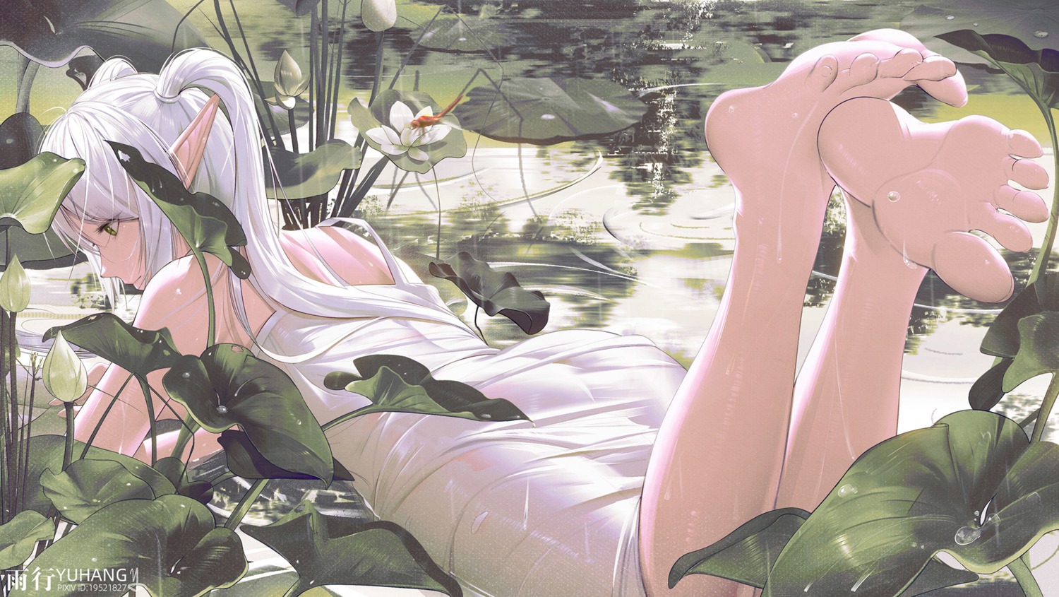 dress elf feet frieren pointy_ears see_through sousou_no_frieren summer_dress wet wet_clothes yuxing_yuhang