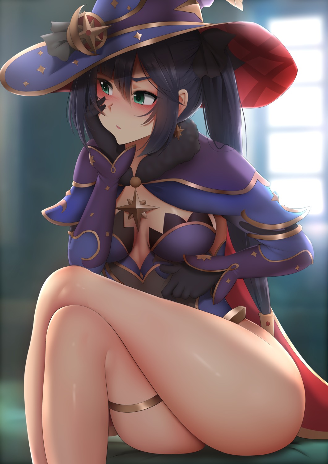 garter genshin_impact ginhaha leotard mona_megistus no_bra witch