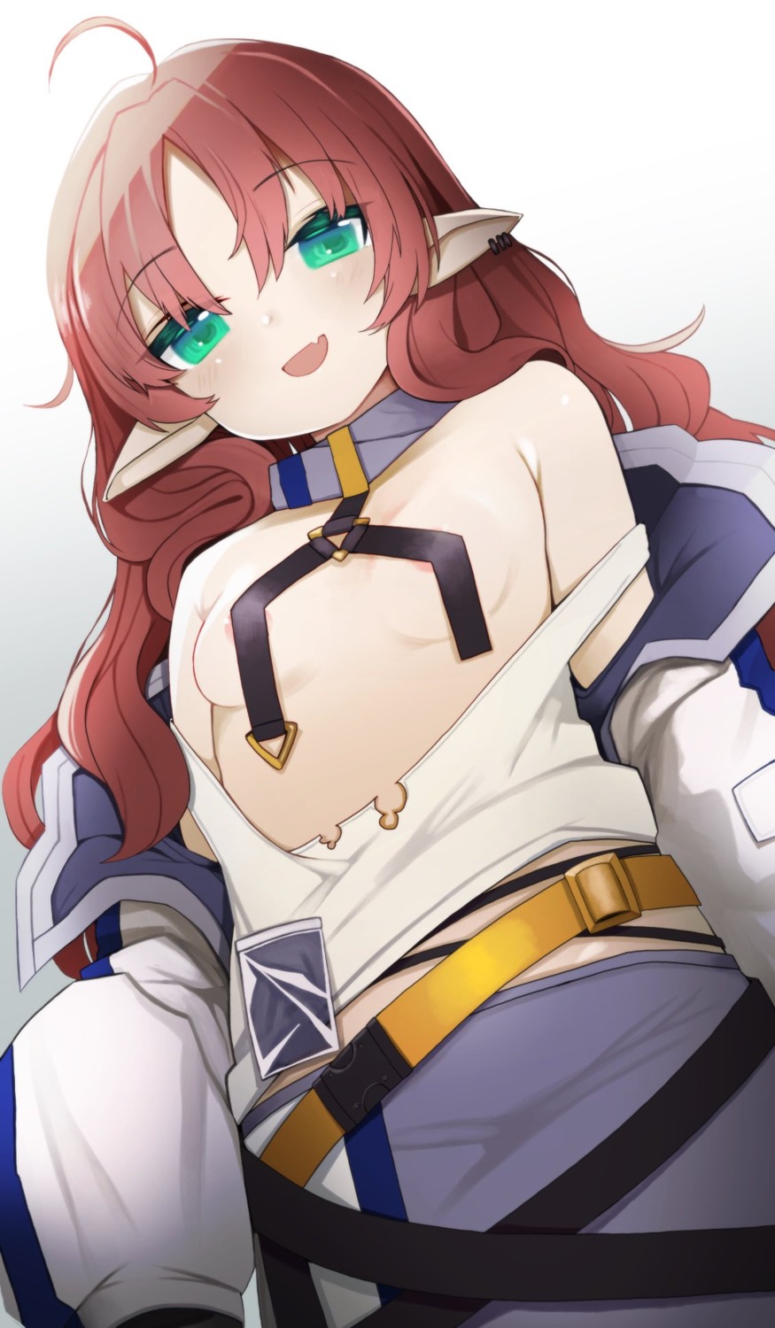 areola arknights izuoku myrtle_(arknights) no_bra open_shirt pointy_ears