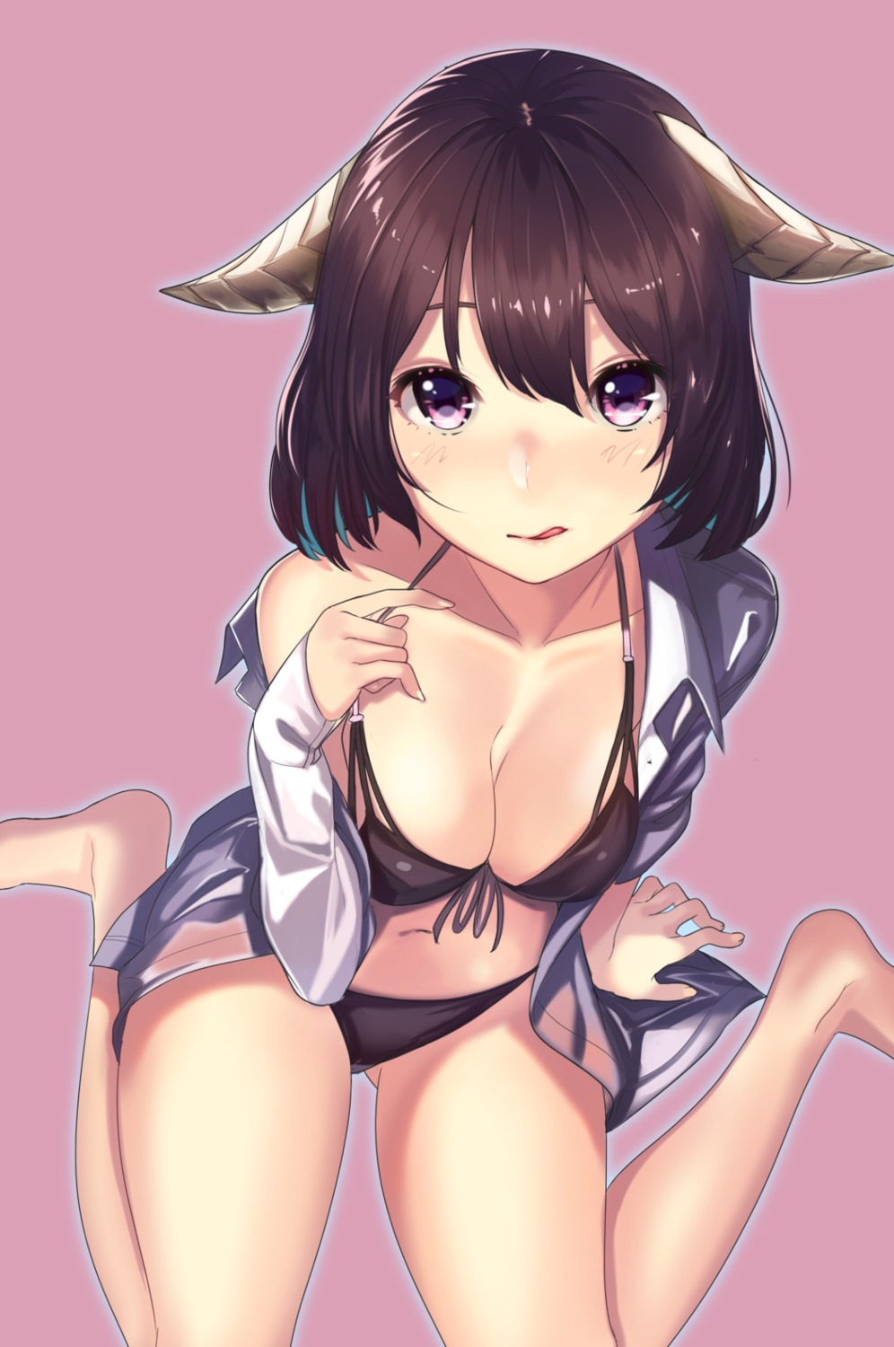 bikini cleavage dress_shirt horns kagematsuri open_shirt swimsuits