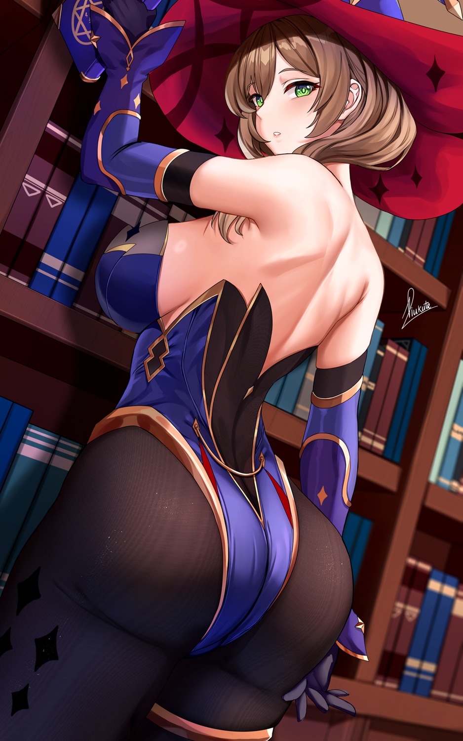 ass cosplay garter genshin_impact leotard lisa_(genshin_impact) mona_megistus no_bra pantyhose piukute062 witch