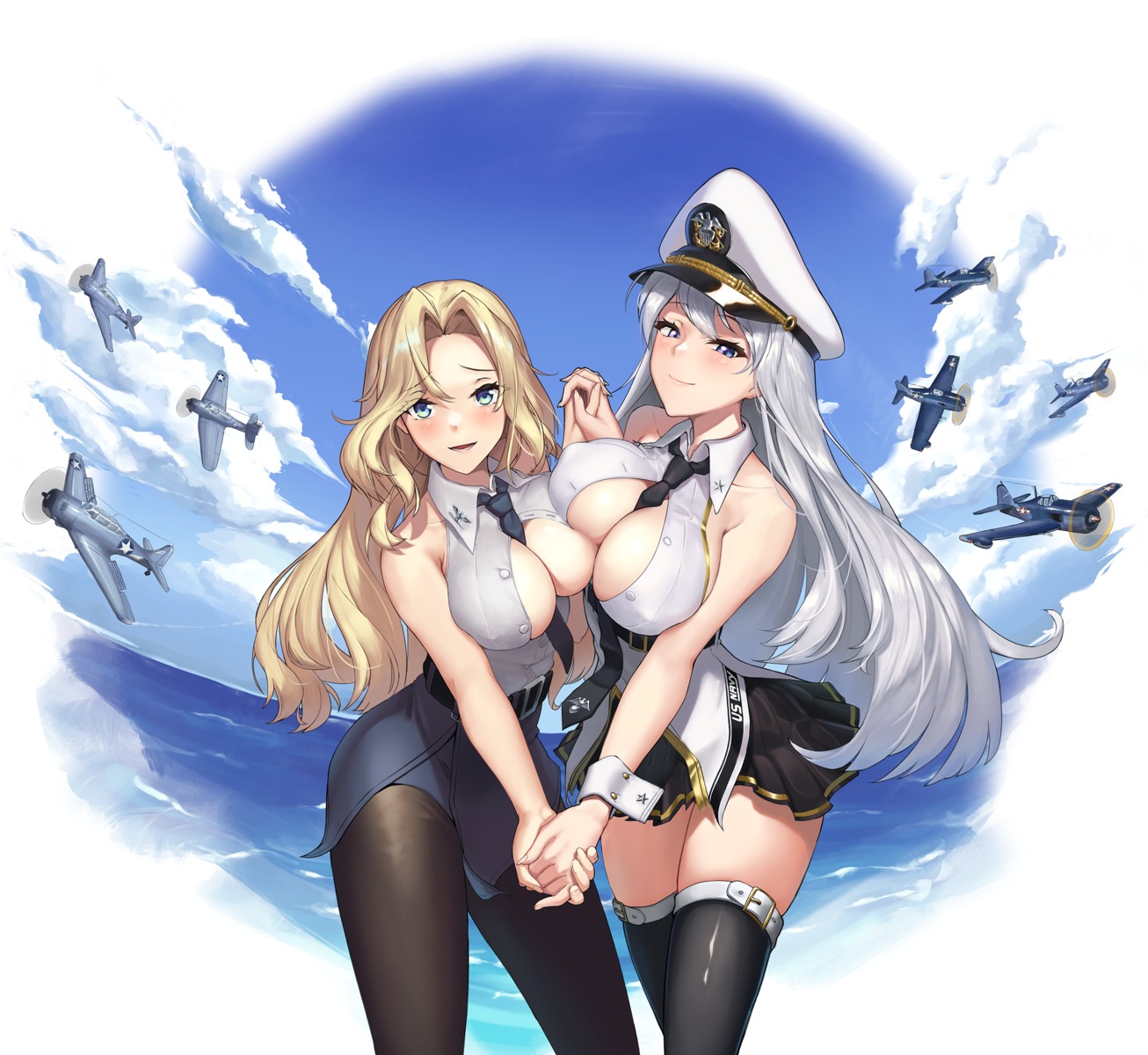 azur_lane crossover enterprise_(azur_lane) erect_nipples garter gensui_hime hornet_(kancolle) kantai_collection no_bra open_shirt pantyhose thighhighs uniform