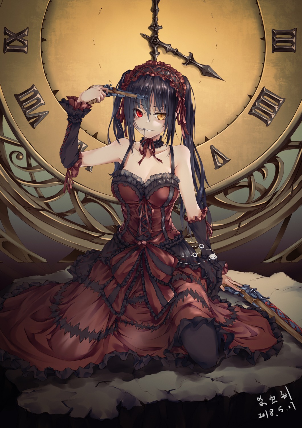 bad_old_driver cleavage date_a_live dress gothic_lolita gun heterochromia lolita_fashion pantyhose tokisaki_kurumi