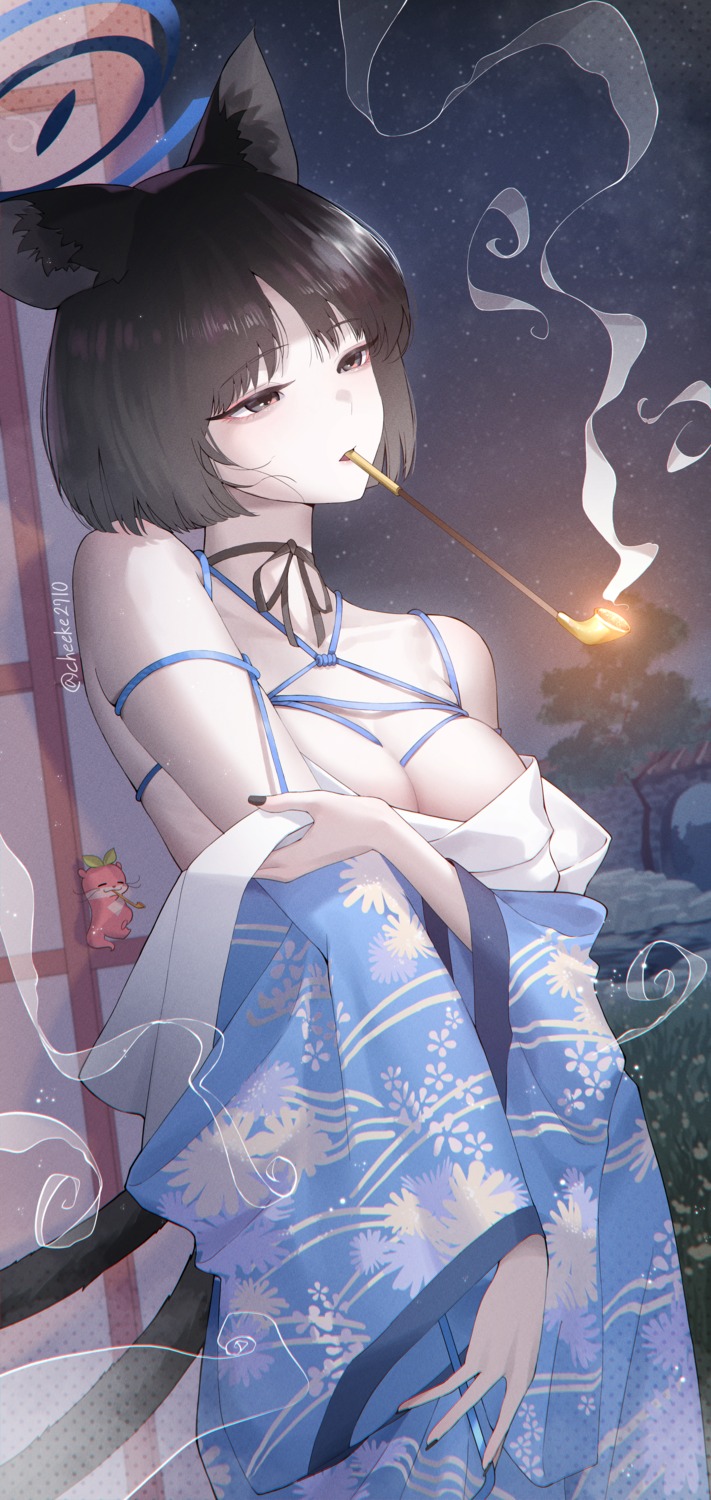 animal_ears blue_archive bondage chee_ke halo kimono kiryuu_kikyou nekomimi no_bra open_shirt smoking tail