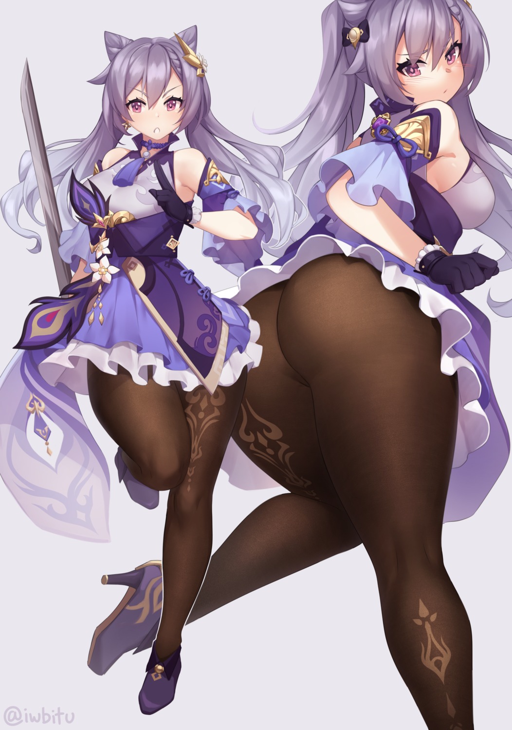 asian_clothes ass genshin_impact heels iwbitu-sa keqing pantyhose skirt_lift sword