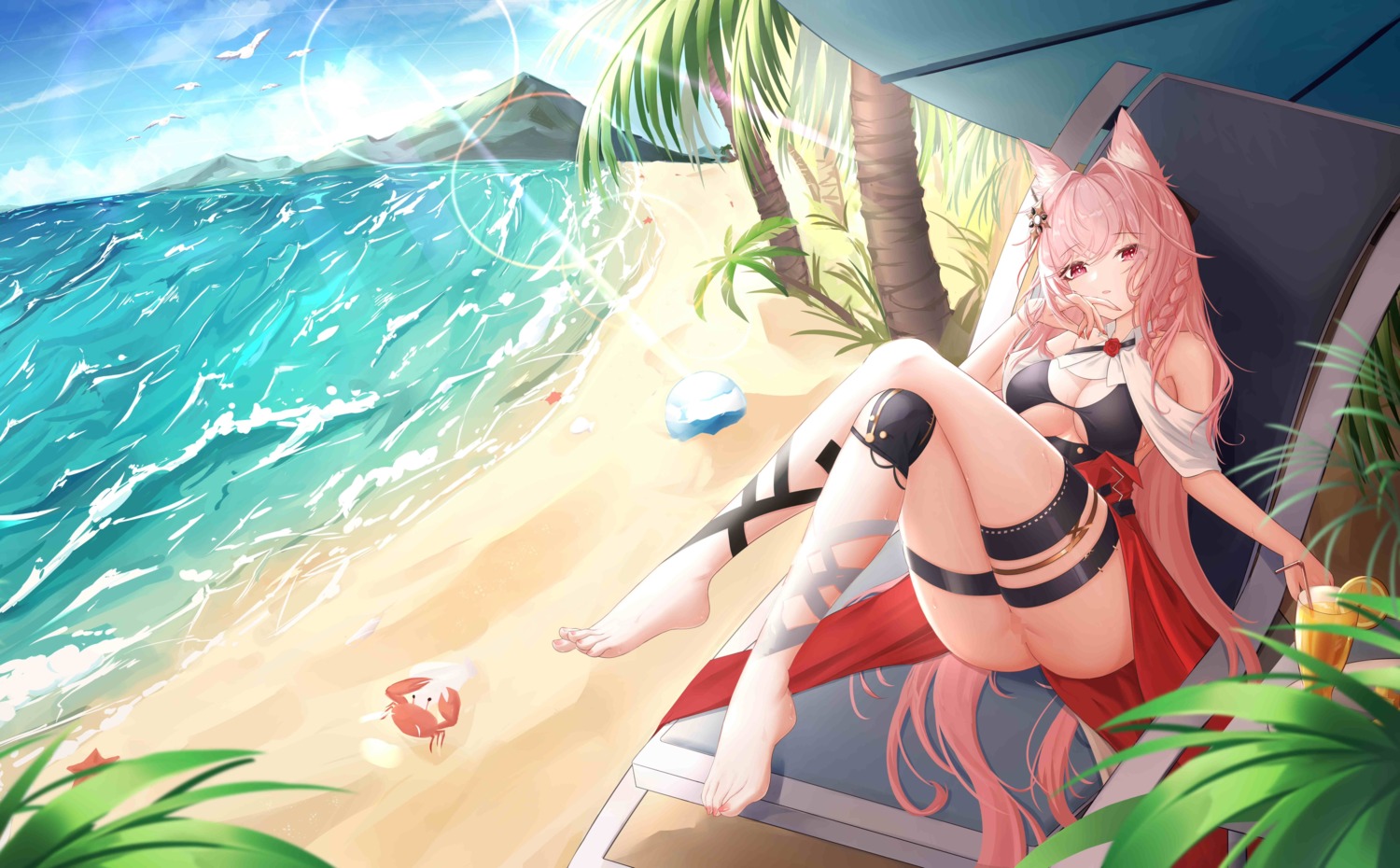 animal_ears arknights bikini_top bottomless censored feet garter jndfh jpeg_artifacts pozyomka_(arknights) pussy swimsuits