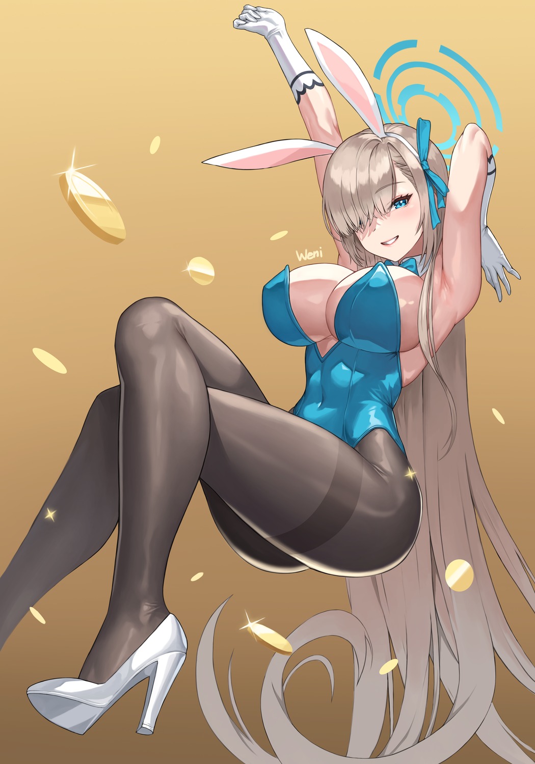 animal_ears blue_archive bunny_ears bunny_girl halo heels ichinose_asuna karmiel no_bra pantyhose