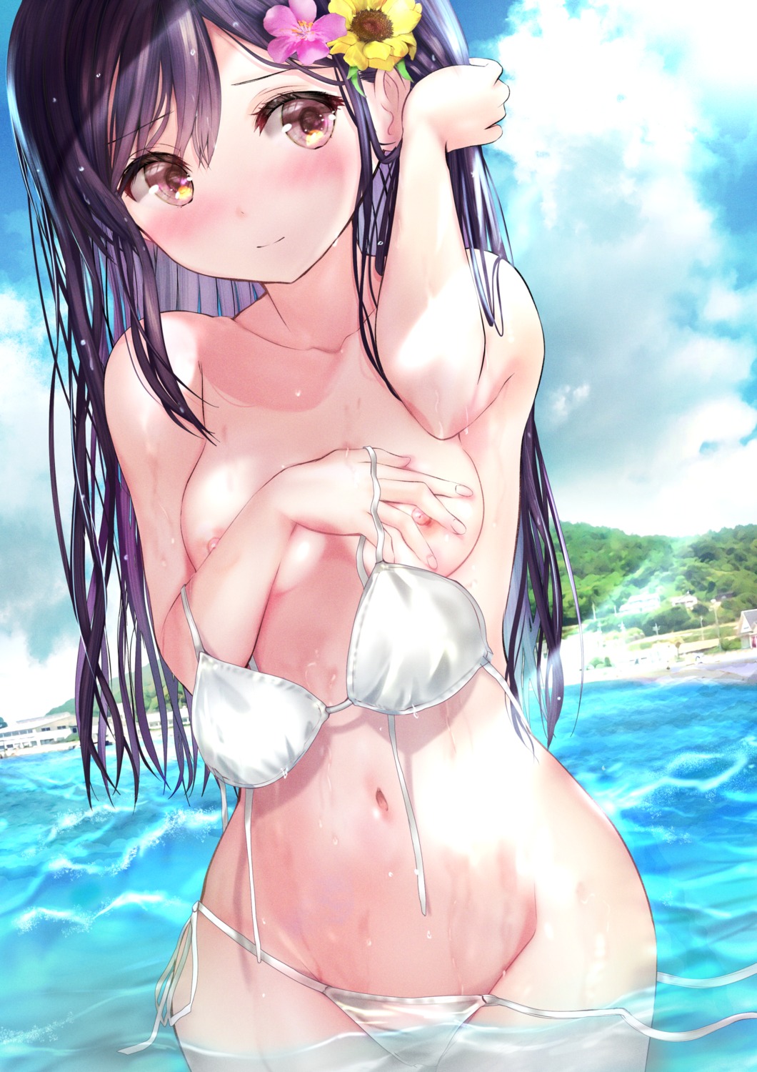 bikini breast_hold nipples ogata_tei panty_pull swimsuits topless wardrobe_malfunction wet