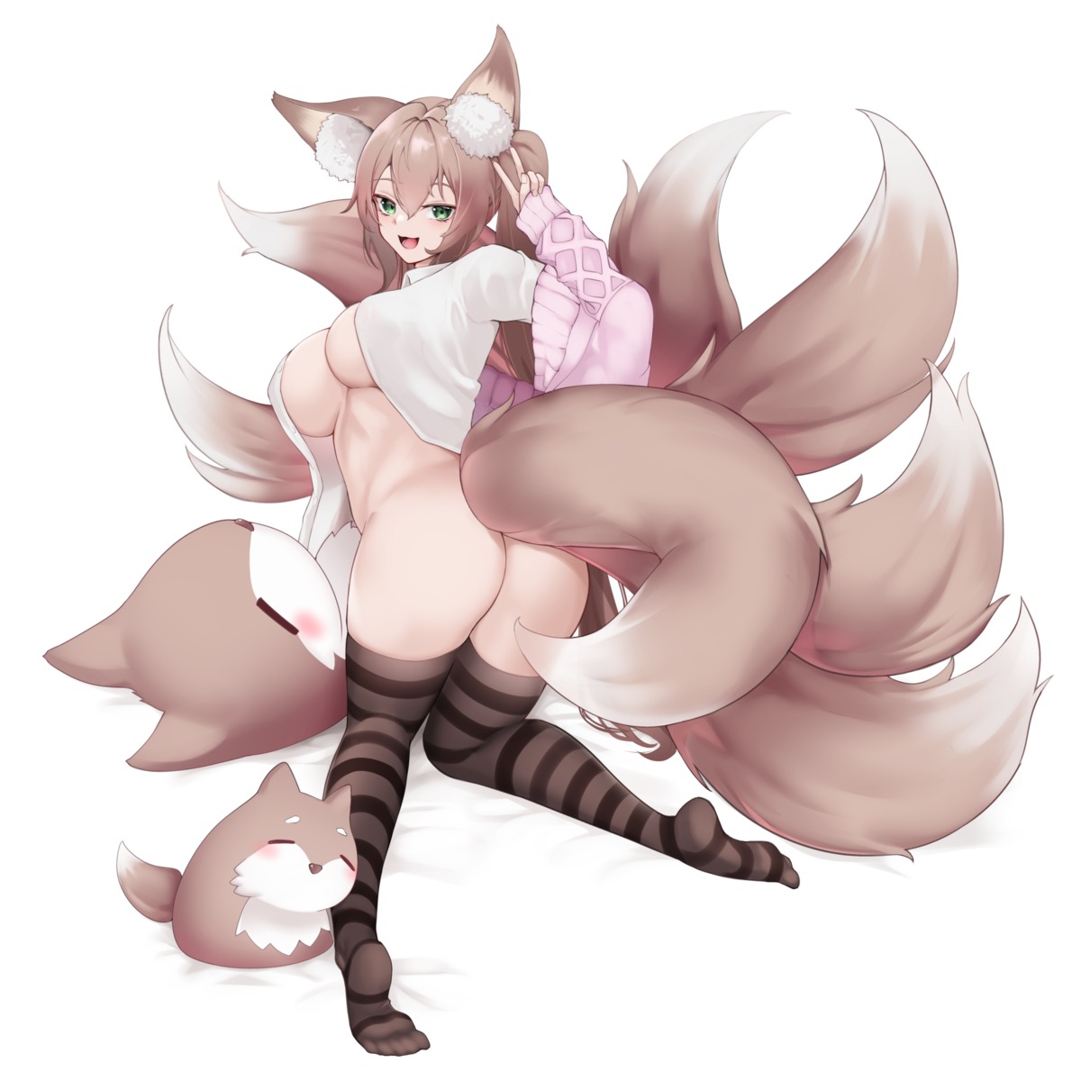 animal_ears ass bottomless breasts kitsune masaki_nanaya no_bra open_shirt plushmallow seifuku sweater tail thighhighs