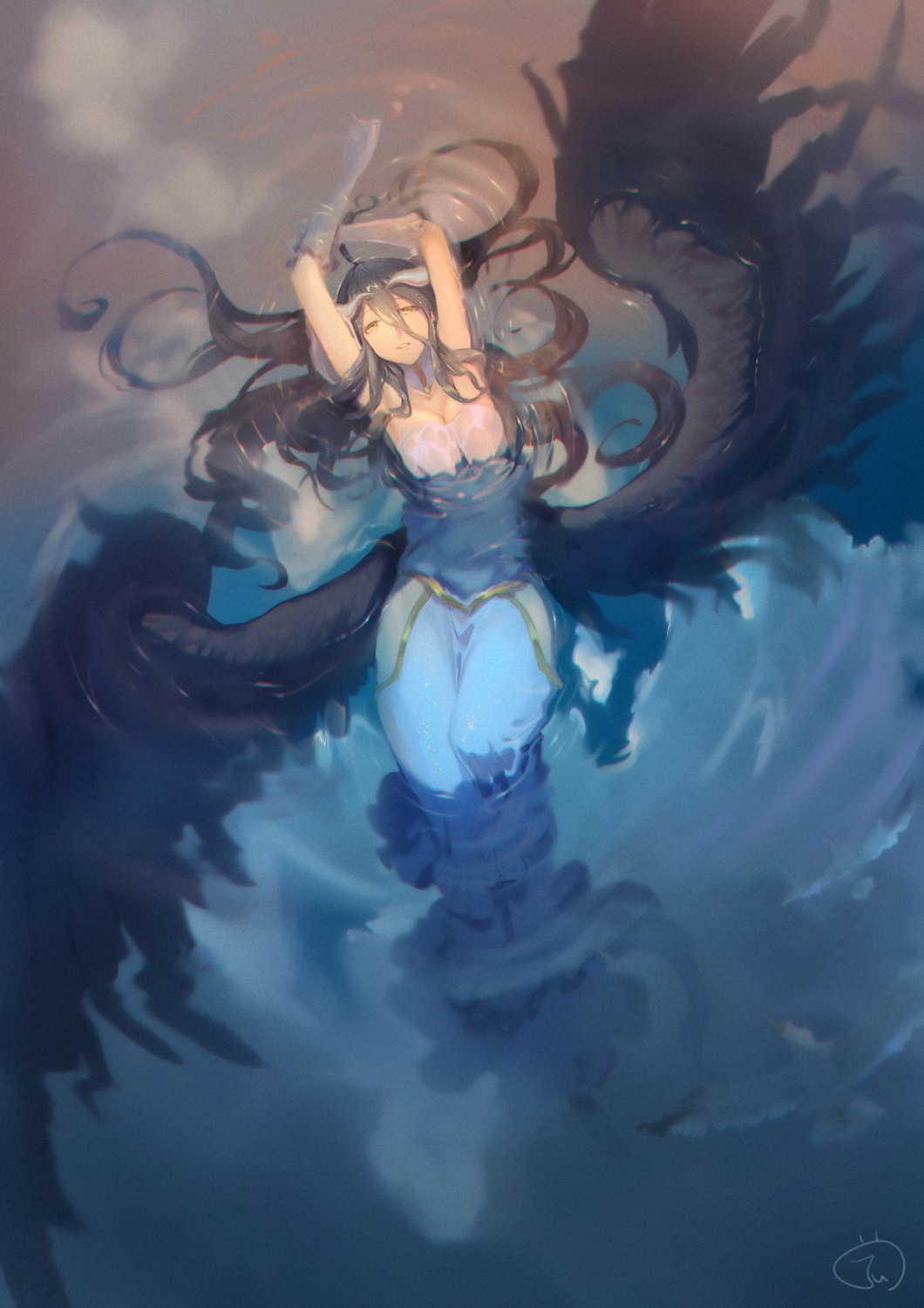 albedo_(overlord) dress horns jujumaho_(nanigaxila) overlord see_through wet wet_clothes wings