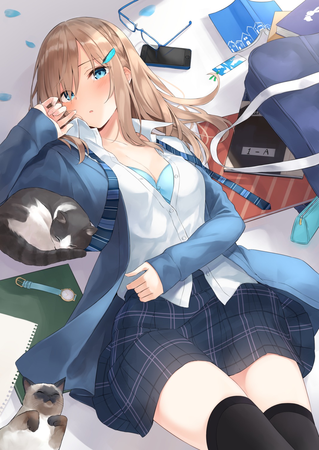 azuuru bra ciel_arc neko open_shirt seifuku sweater thighhighs