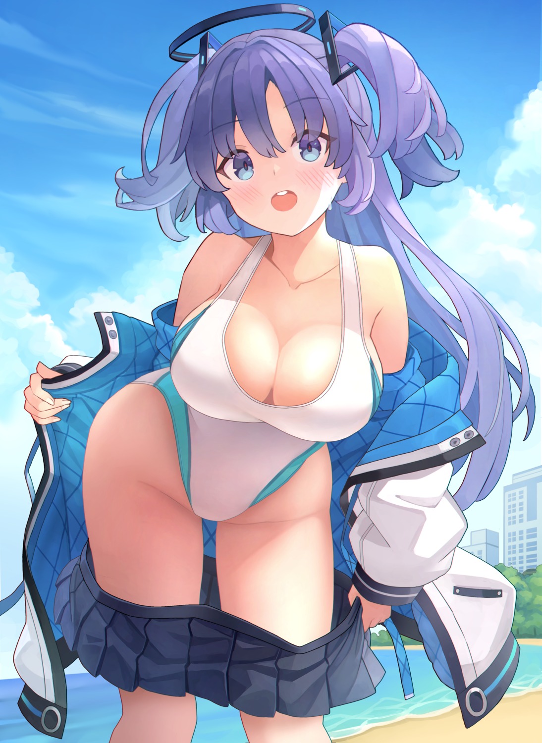 blue_archive halo hayase_yuuka nomio seifuku swimsuits undressing