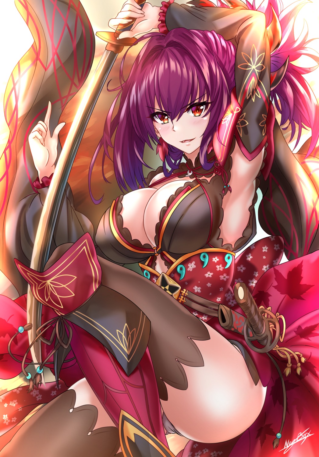 cleavage cosplay erect_nipples fate/grand_order japanese_clothes miyamoto_musashi_(fate/grand_order) nez-kun no_bra pantsu scathach_(fate/grand_order) sword thighhighs