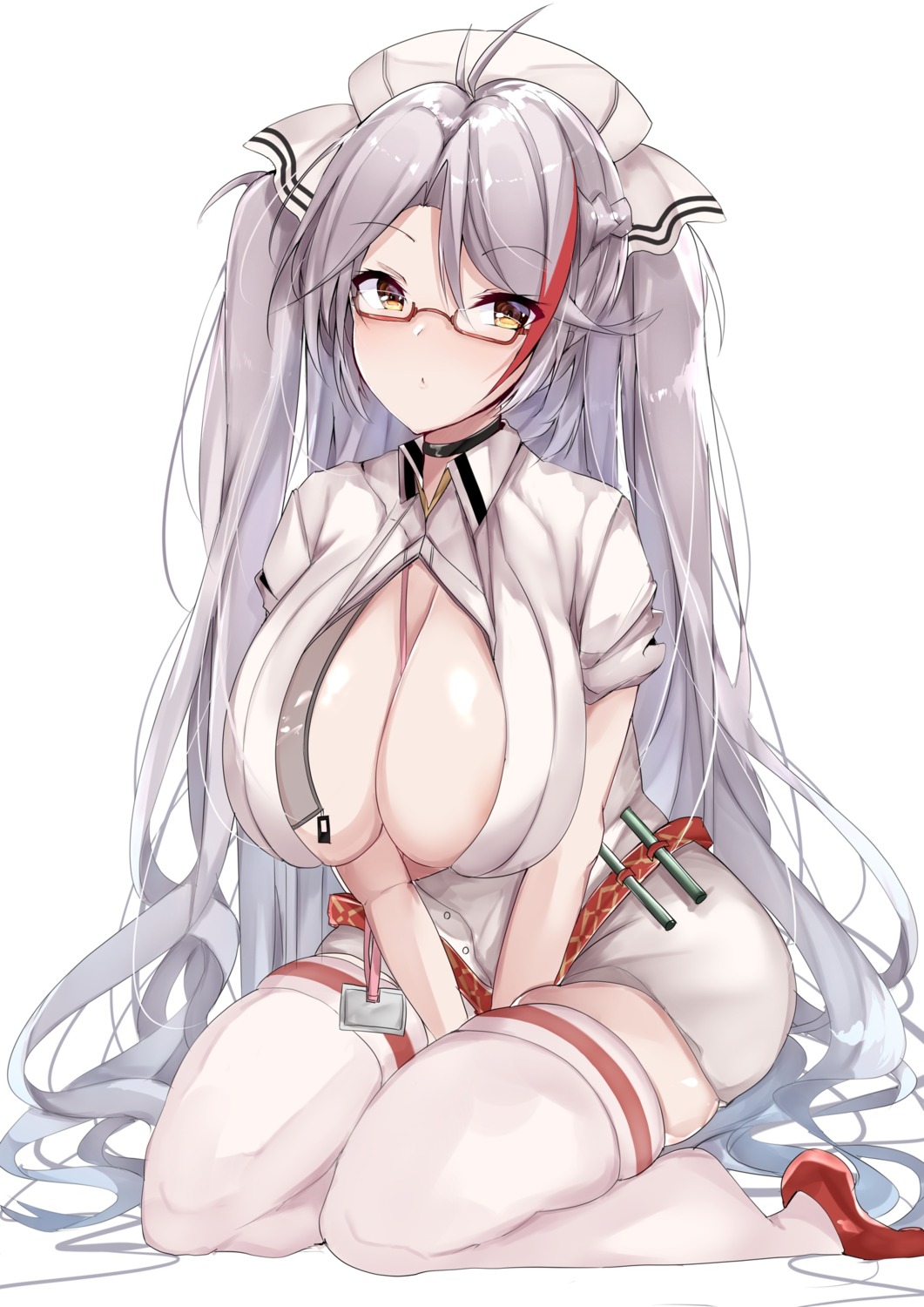 areola azur_lane megane mutou_(94753939) no_bra nurse open_shirt prinz_eugen_(azur_lane) skirt_lift thighhighs