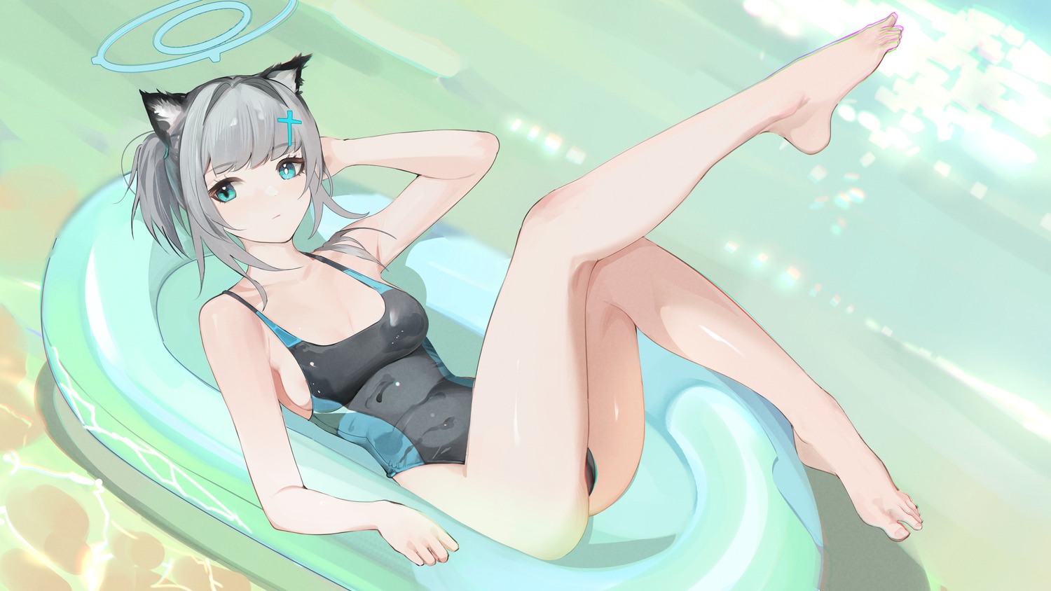 animal_ears blue_archive cameltoe da_(datako) feet halo nekomimi sunaookami_shiroko swimsuits wallpaper