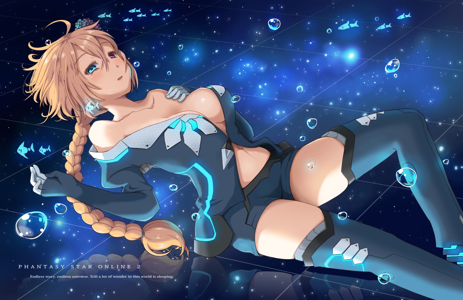 cleavage heterochromia himeki no_bra open_shirt phantasy_star_online_2 thighhighs