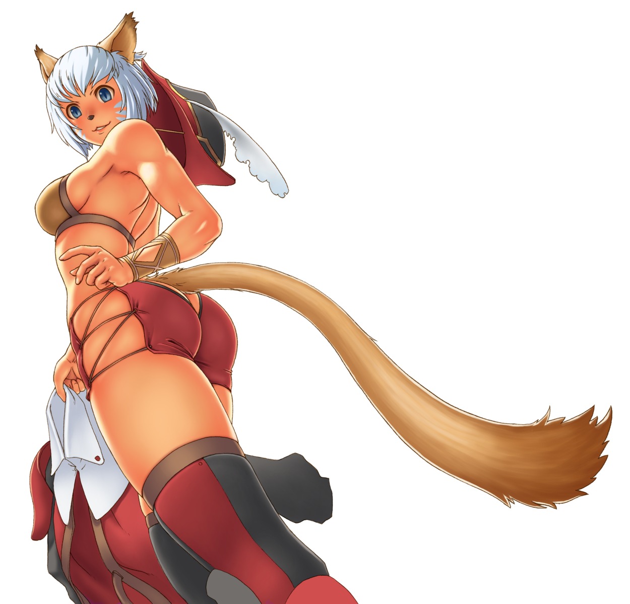 animal_ears ass bikini_top final_fantasy final_fantasy_xi gochou_(kedama) mithra nekomimi nopan red_mage swimsuits tail thighhighs