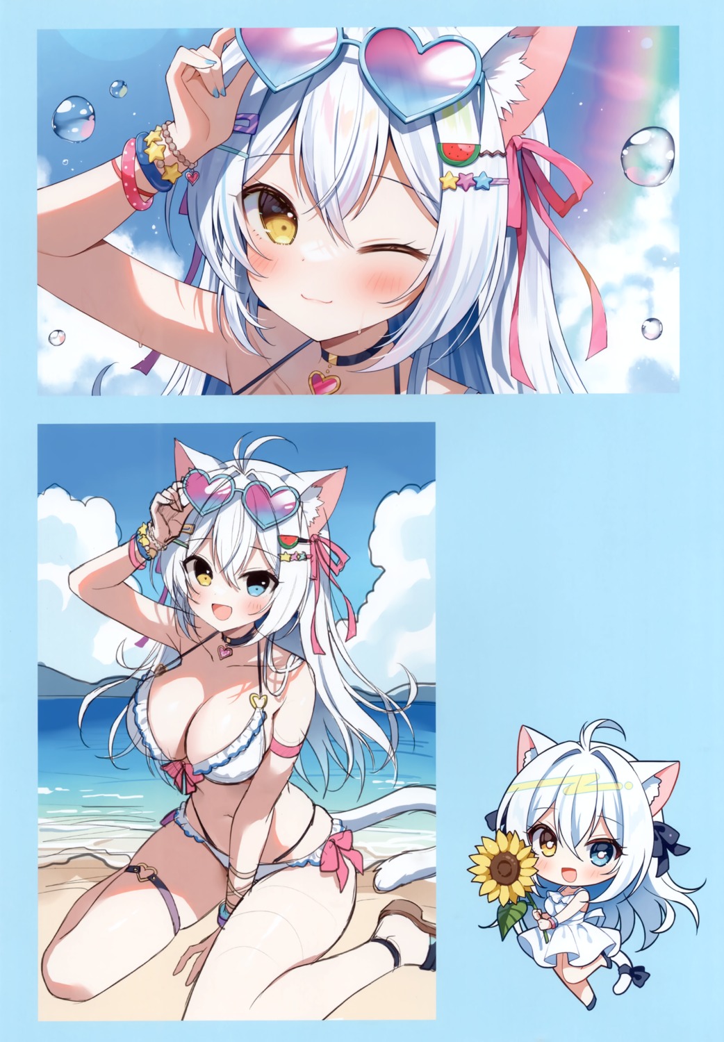 aina_rive animal_ears bikini chibi dress garter heterochromia mauve megane nekomimi sketch summer_dress swimsuits tail wata★punch