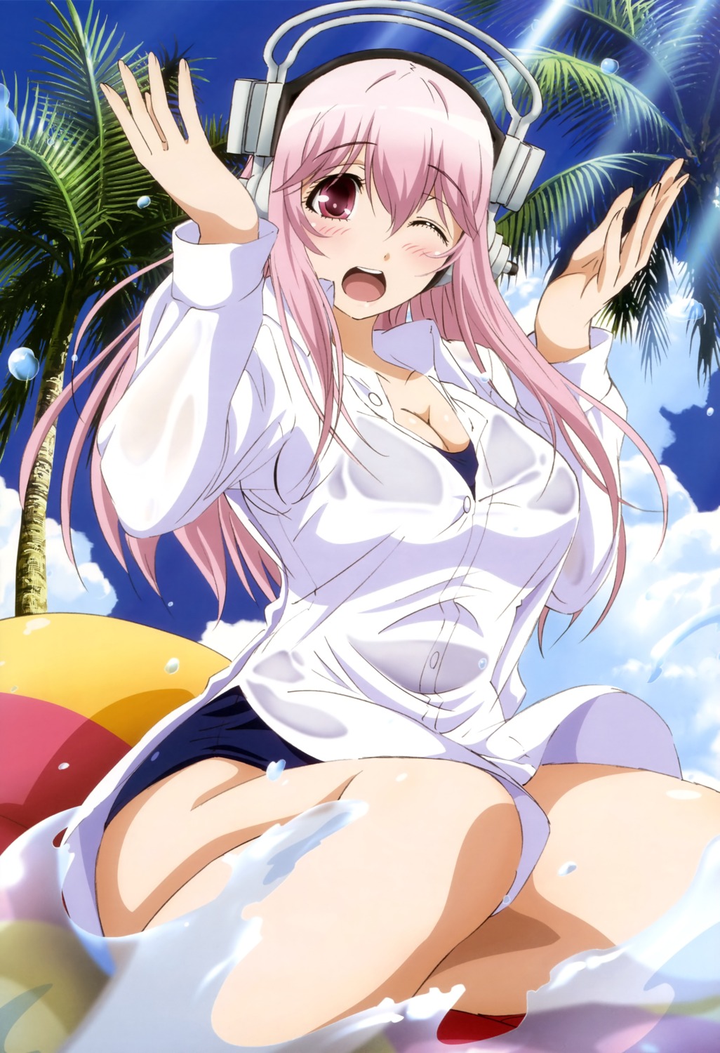 cleavage dress_shirt headphones school_swimsuit sonico super_sonico swimsuits tamura_masafumi wet_clothes