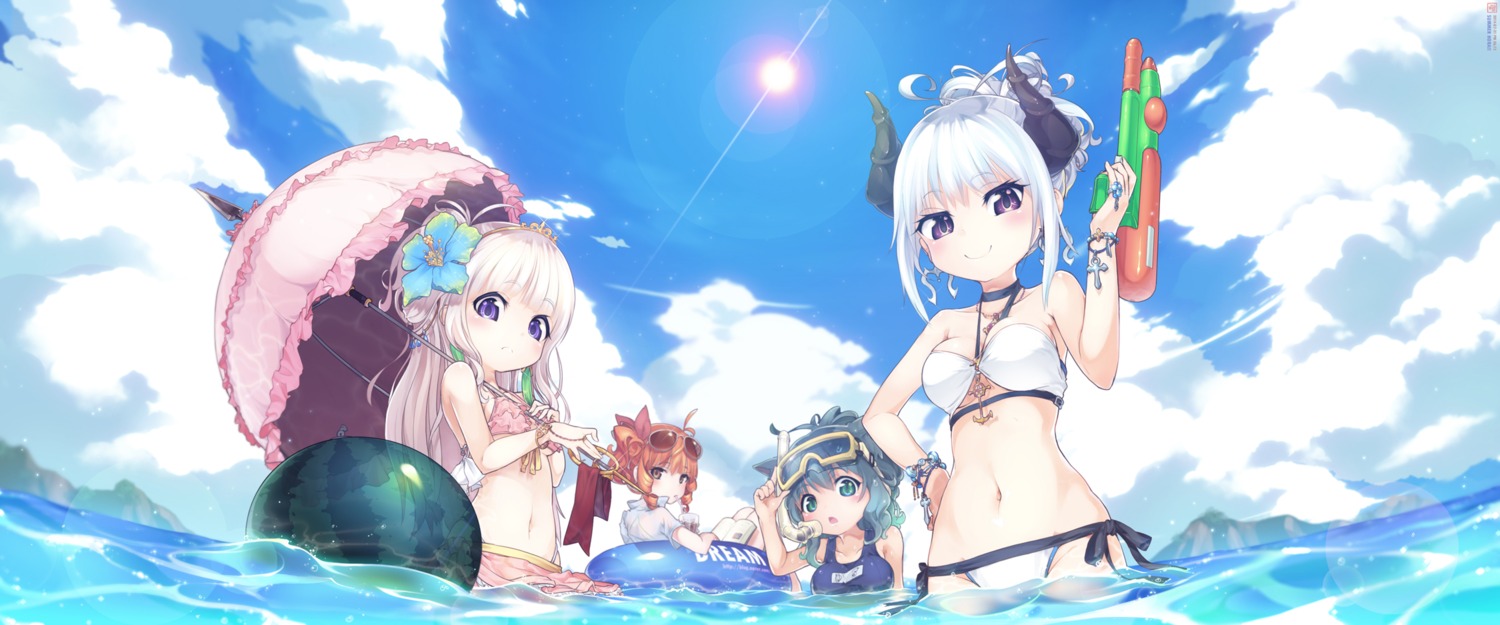 bikini cleavage gun horns jakoujika megane school_swimsuit see_through swimsuits umbrella wet wet_clothes