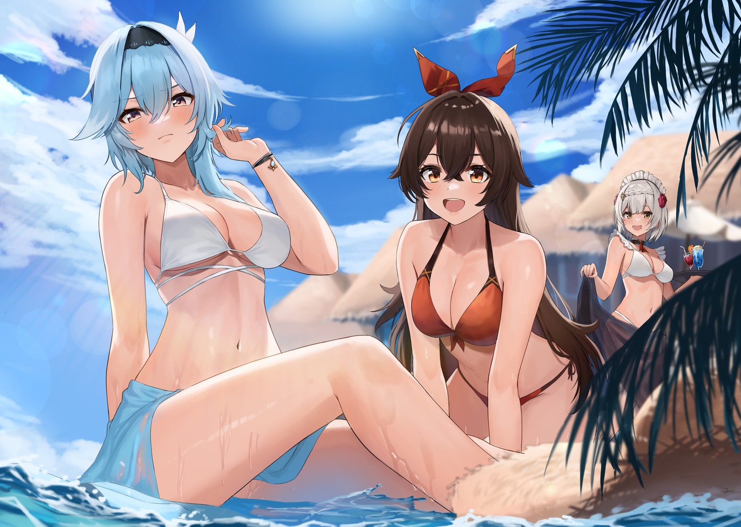 amber_(genshin_impact) ayul_(ayulneri_92) bikini eula genshin_impact noelle_(genshin_impact) see_through swimsuits wet