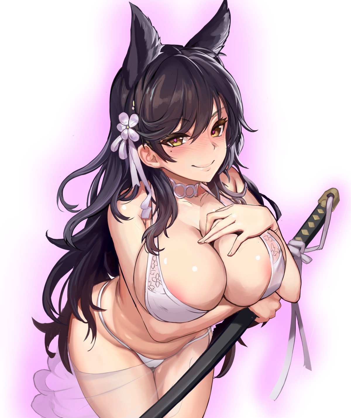 animal_ears areola atago_(azur_lane) azur_lane bikini breast_hold dikko erect_nipples see_through swimsuits sword