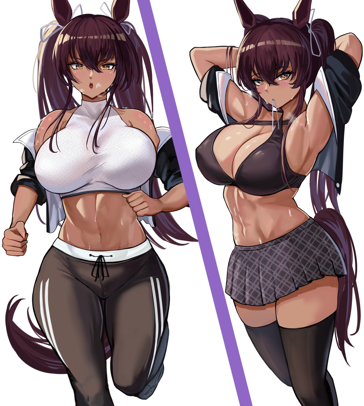 animal_ears bra erect_nipples gym_uniform loooyd open_shirt seifuku tail thighhighs